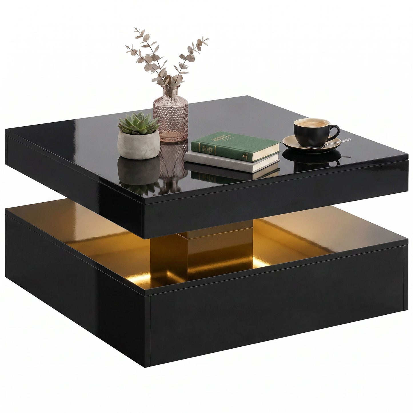 LED Coffee Table with Storage, 2-Tier Modern Centre Table with Open Shelf and Remote for Living Room, High Gloss Black