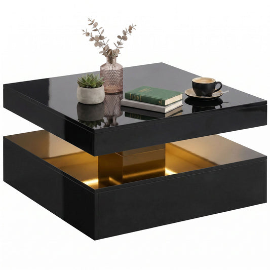LED Coffee Table with Storage, 2-Tier Modern Centre Table with Open Shelf and Remote for Living Room, High Gloss Black