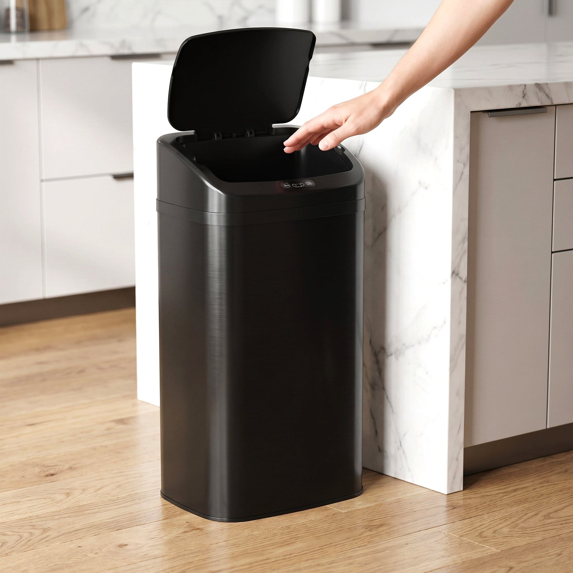 48L Sensor Bin, Galvanised Steel Kitchen Bin with Automatic Soft Close Lid and Fingerprint-Proof for Recycling and Waste, Black