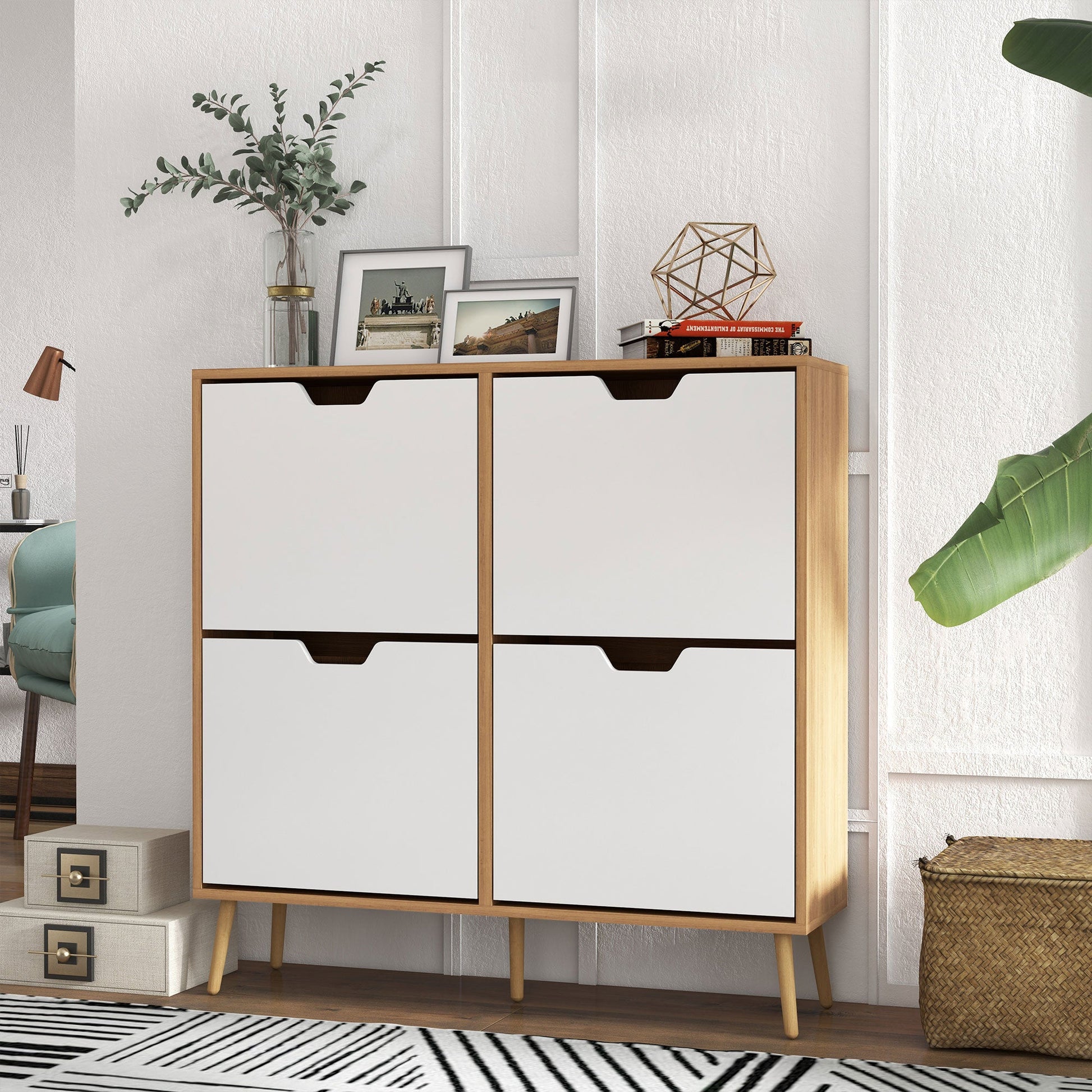HOMCOM Modern Shoe Cabinet with 4 Flip Drawers and Adjustable Shelf, Hallway Shoe Cupboard Storage Organizer for 16 Pairs of Shoes, Natural