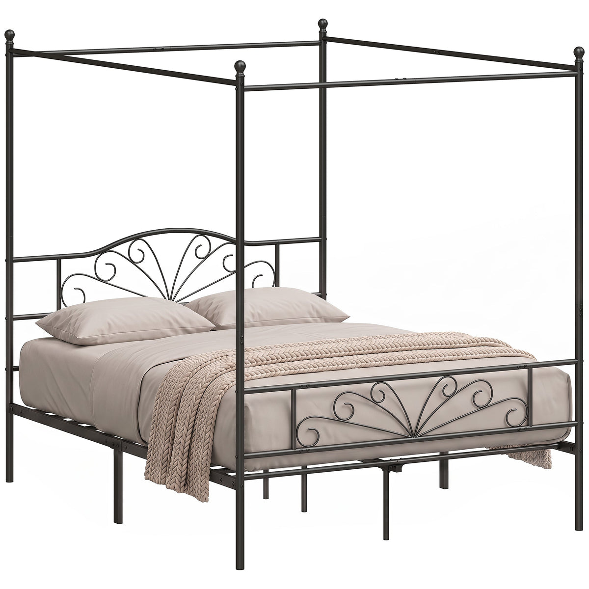 Canopy Bed Frame Double Size, Metal Platform Bed Frame with Headboard and Footboard, Underbed Storage, Heavy Duty Steel Slats Support Mattress Foundation, No Box Spring Needed, Black