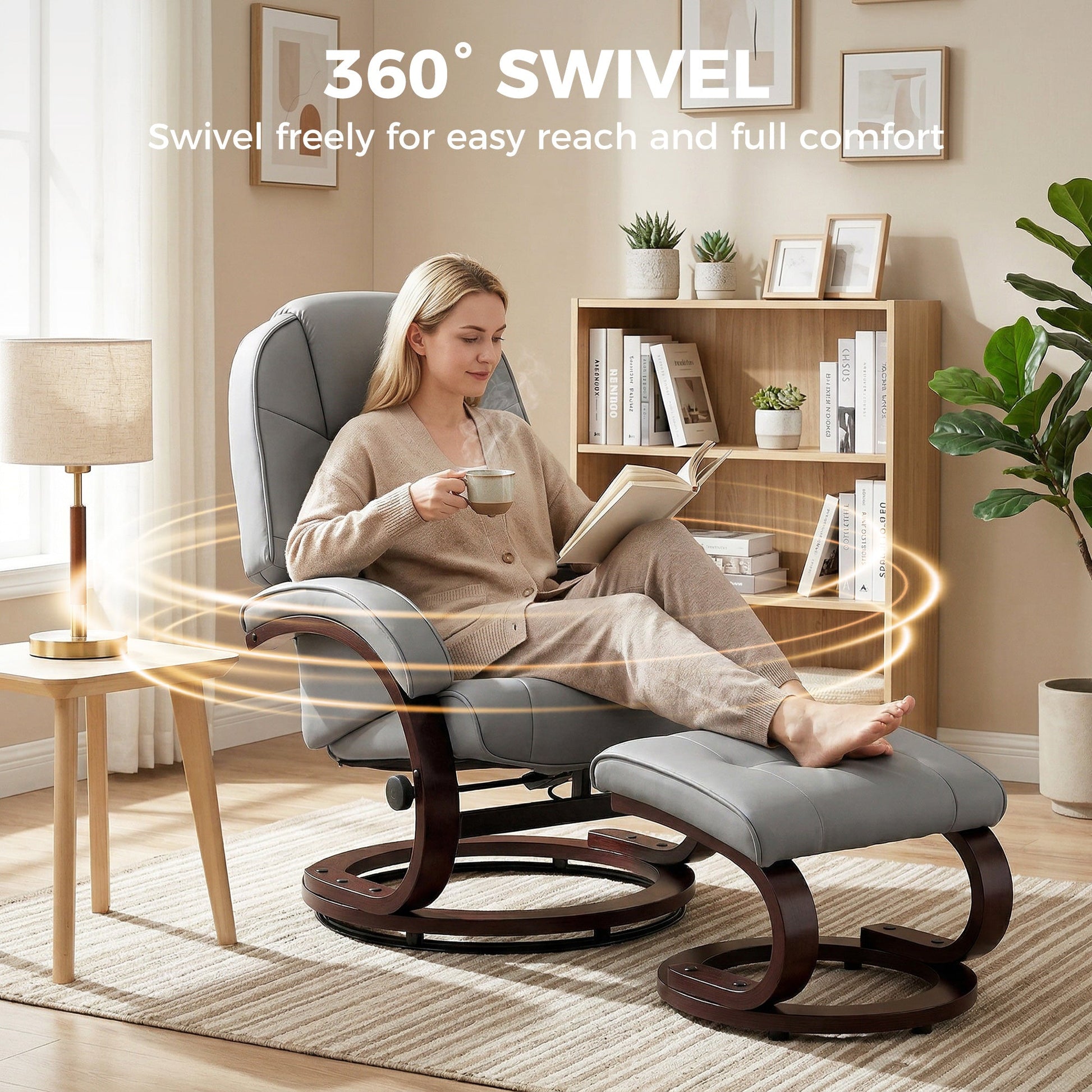 Swivel Recliner Chair with Footstool, PU Leather Recliner Armchair with High Back and Wood Frame, Reclining Chair Lounge with Padded Armrests for Living Room, Grey