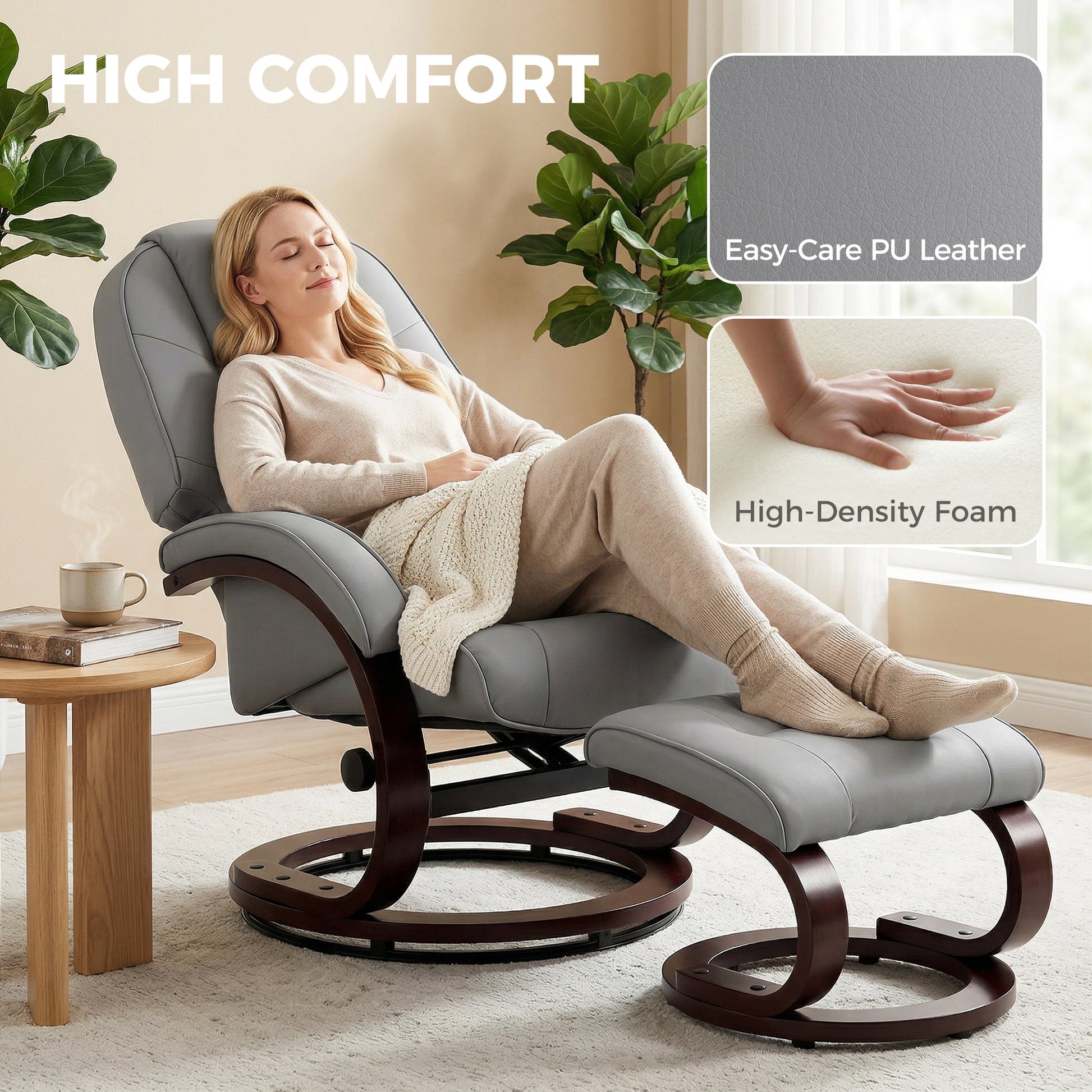 Swivel Recliner Chair with Footstool, PU Leather Recliner Armchair with High Back and Wood Frame, Reclining Chair Lounge with Padded Armrests for Living Room, Grey