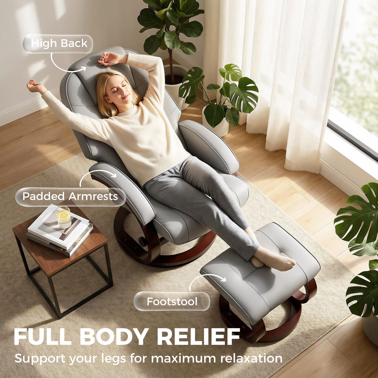 Swivel Recliner Chair with Footstool, PU Leather Recliner Armchair with High Back and Wood Frame, Reclining Chair Lounge with Padded Armrests for Living Room, Grey