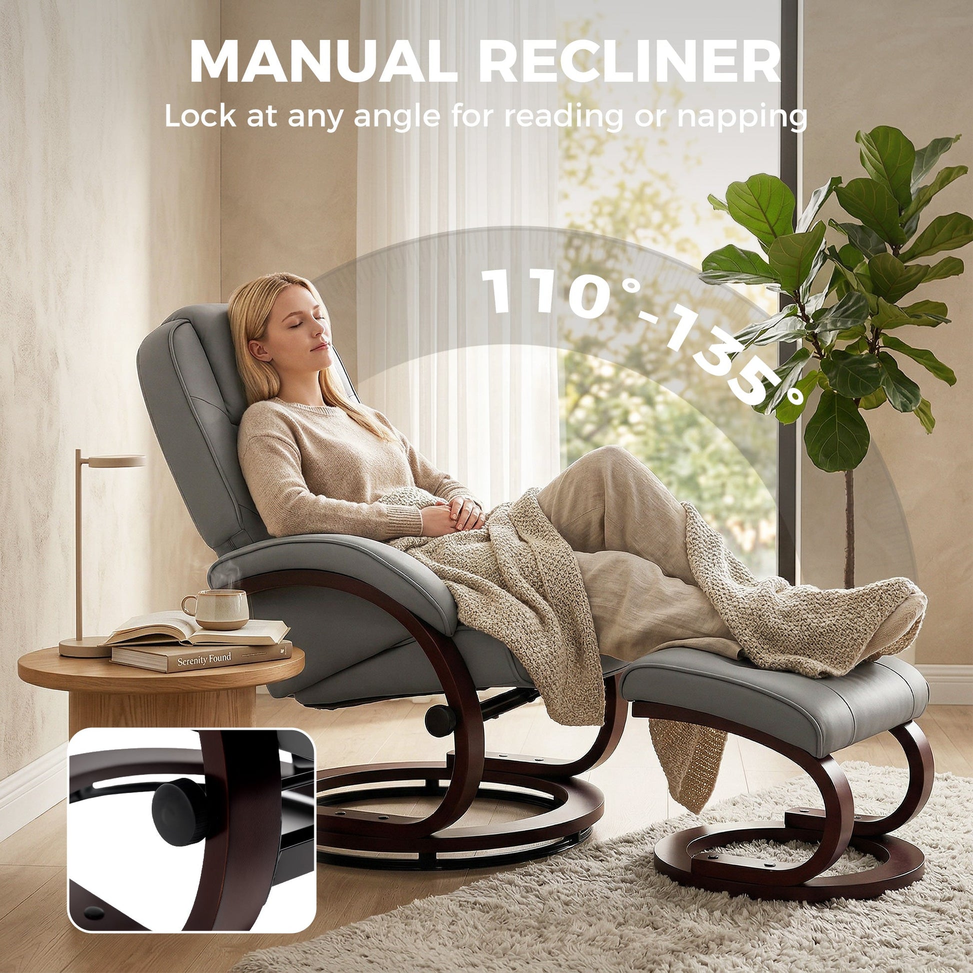 Swivel Recliner Chair with Footstool, PU Leather Recliner Armchair with High Back and Wood Frame, Reclining Chair Lounge with Padded Armrests for Living Room, Grey