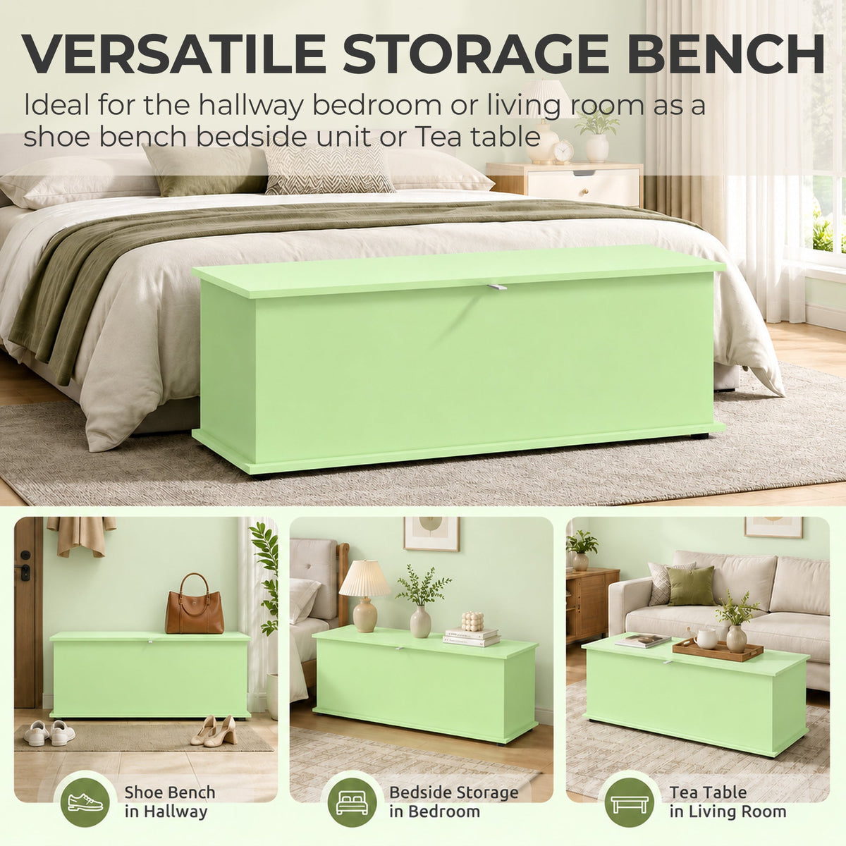 Storage Chest, Large 114L Blanket Box, Shoe Bench with Safety Hinged Lid, Storage Trunk, Bed End Bench for Bedroom, Hallway, Living room, Playroom, 100 x 40 x 40cm, Green