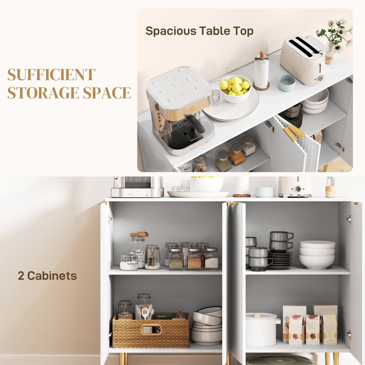 Sideboard Buffet Cabinet, Modern Kitchen Storage Cabinet with 4 Doors and Adjustable Shelves, Living Room Cabinet with Metal Legs for Hallway, White