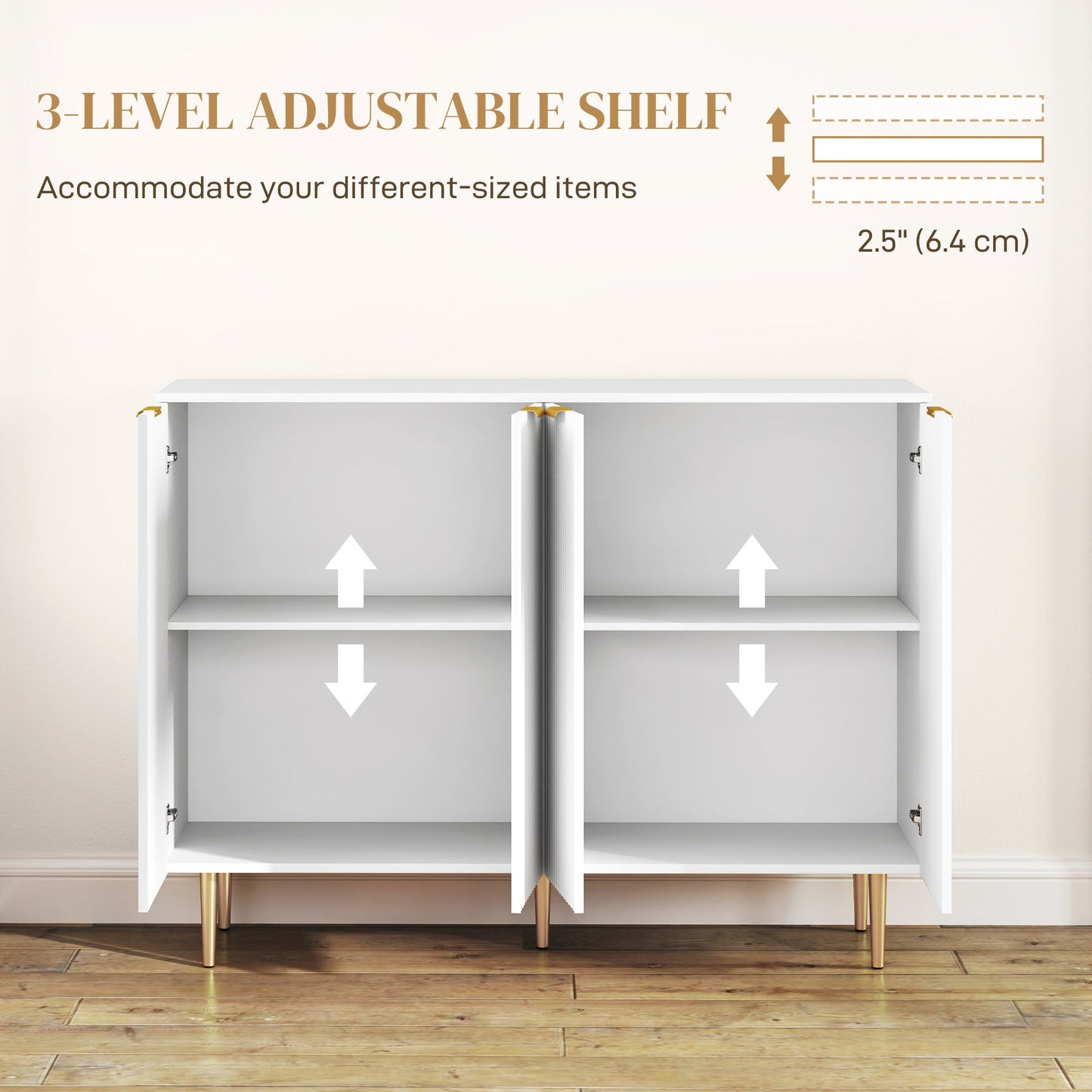 Sideboard Buffet Cabinet, Modern Kitchen Storage Cabinet with 4 Doors and Adjustable Shelves, Living Room Cabinet with Metal Legs for Hallway, White