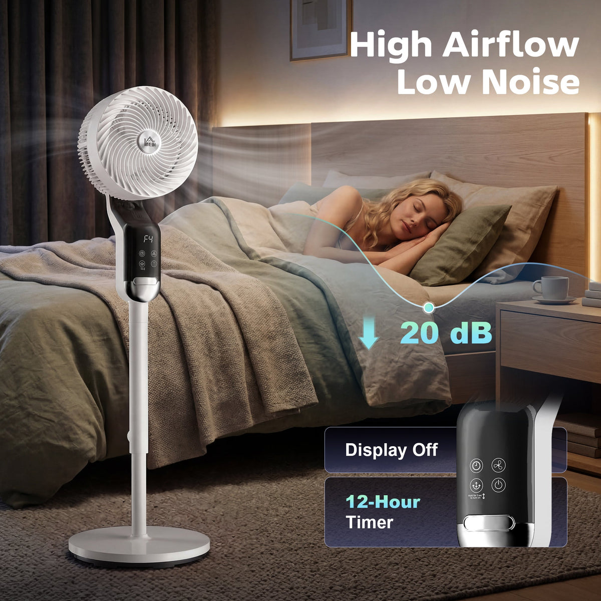 20 dB Silent Standing Fan for Bedroom, 41" Pedestal Fan with Remote, 85° Oscillating, 8 Speeds, Adjustable Height, 12H Timer, Aroma Diffuser, LED Display, White