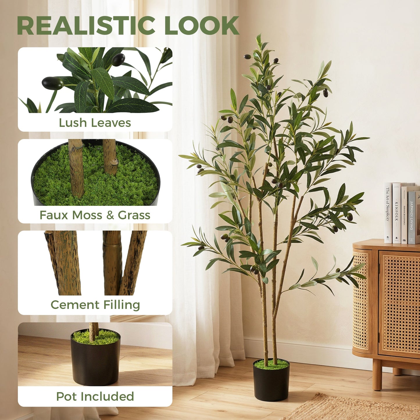 120 cm Decorative Artificial Plant, Silk Olive Tree with 303 Leaves in Cement Pot, Fake Plant for Home, Office, Living Room, Indoor Decor