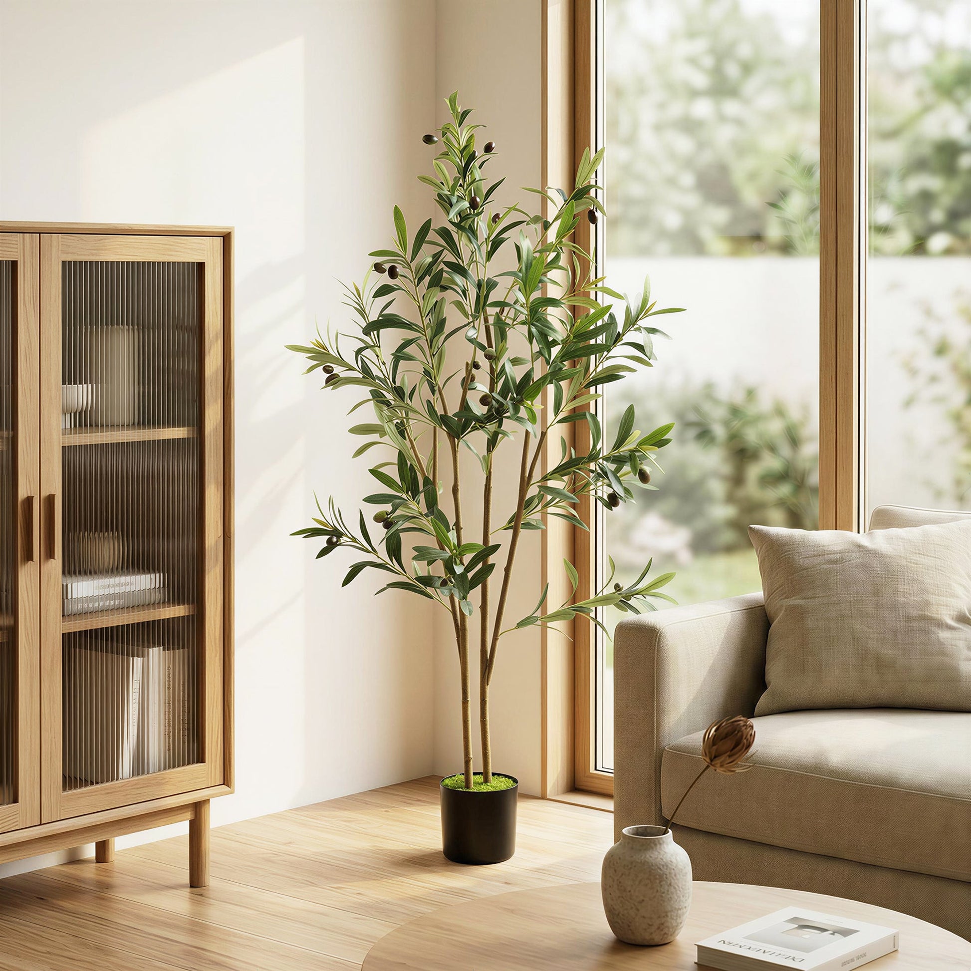 120 cm Decorative Artificial Plant, Silk Olive Tree with 303 Leaves in Cement Pot, Fake Plant for Home, Office, Living Room, Indoor Decor