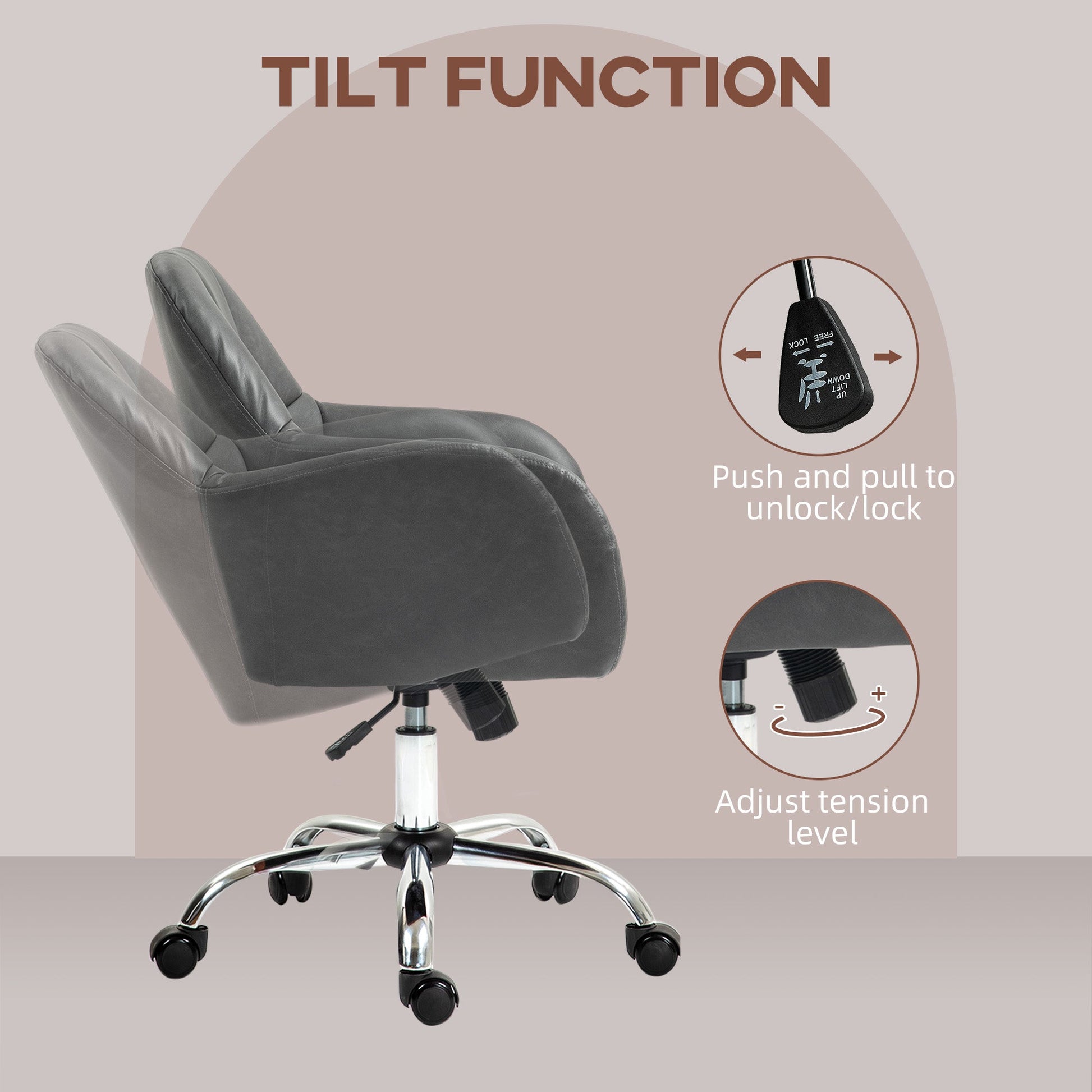 HOMCOM Computer Desk Chair, PU Leather Swivel Office Chair, Makeup Vanity Chair with Height Adjustable, Wheels, for Home Study Bedroom, Grey
