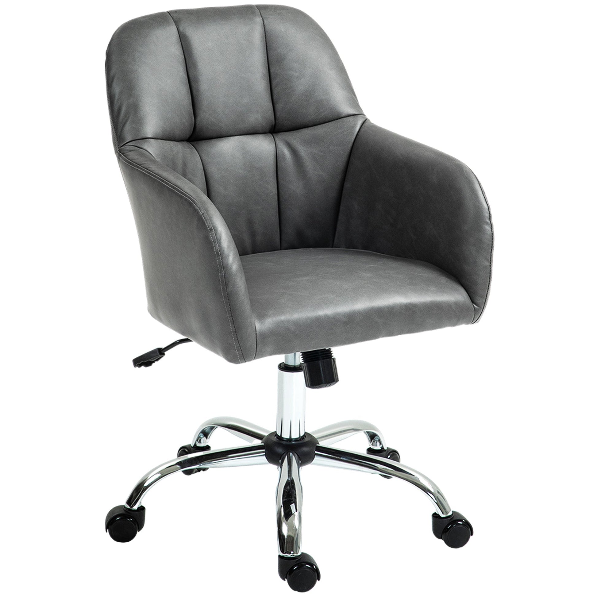 HOMCOM Computer Desk Chair, PU Leather Swivel Office Chair, Makeup Vanity Chair with Height Adjustable, Wheels, for Home Study Bedroom, Grey