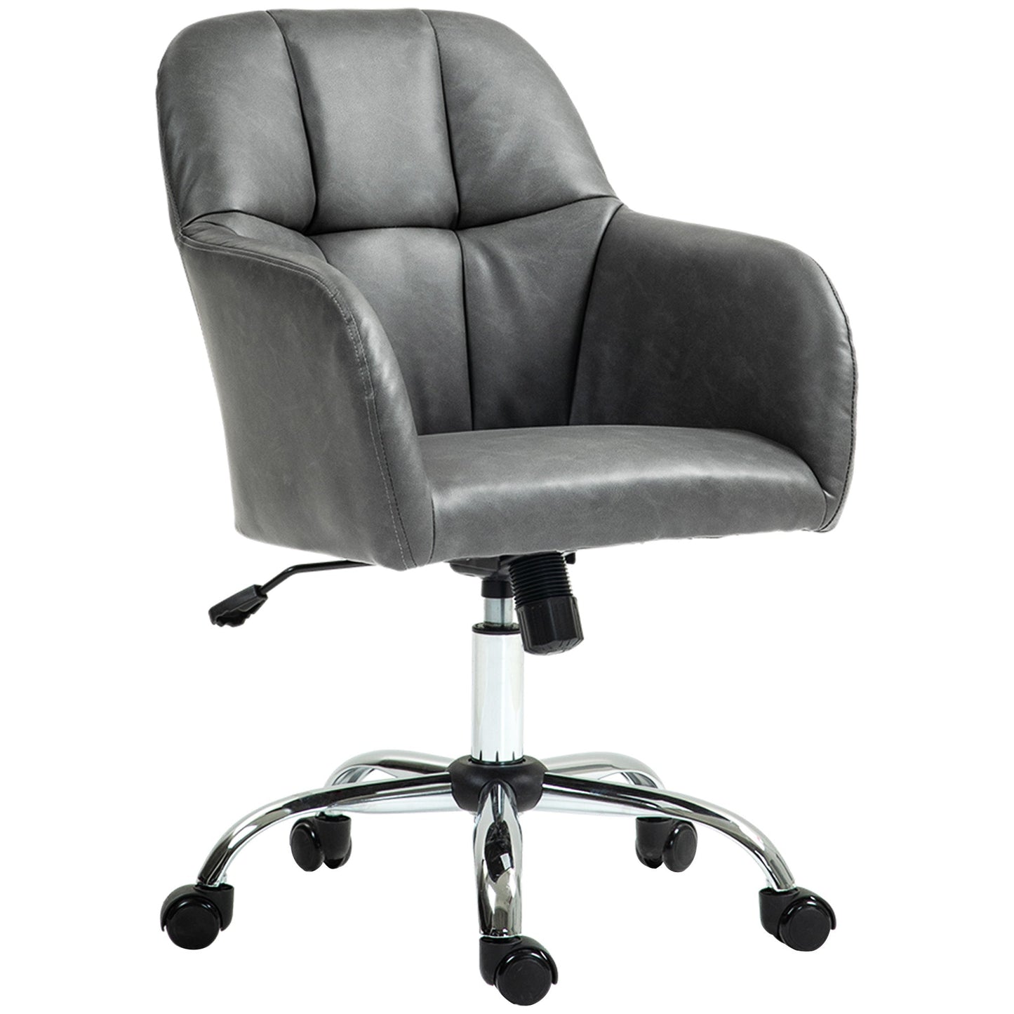 HOMCOM Computer Desk Chair, PU Leather Swivel Office Chair, Makeup Vanity Chair with Height Adjustable, Wheels, for Home Study Bedroom, Grey
