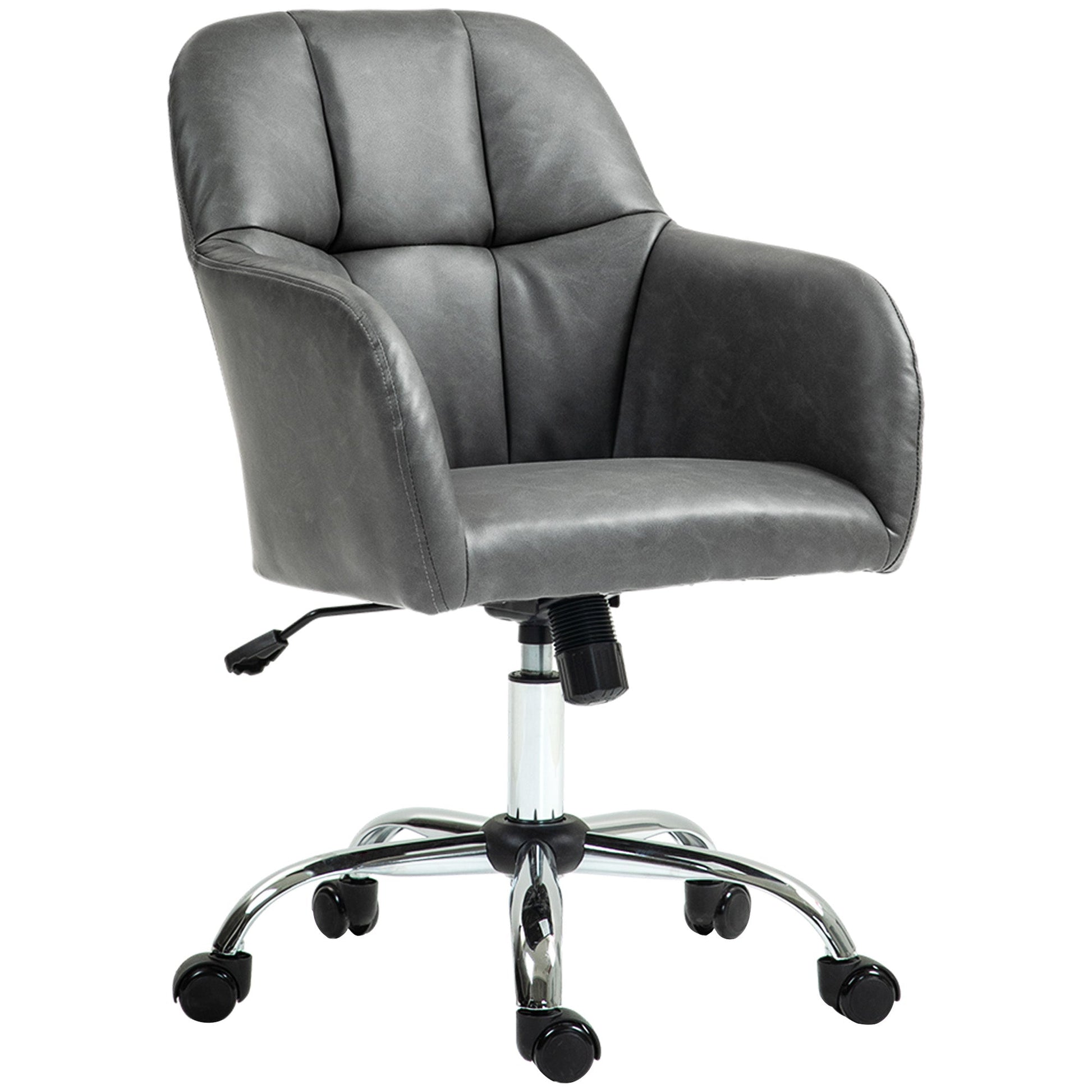 HOMCOM Computer Desk Chair, PU Leather Swivel Office Chair, Makeup Vanity Chair with Height Adjustable, Wheels, for Home Study Bedroom, Grey
