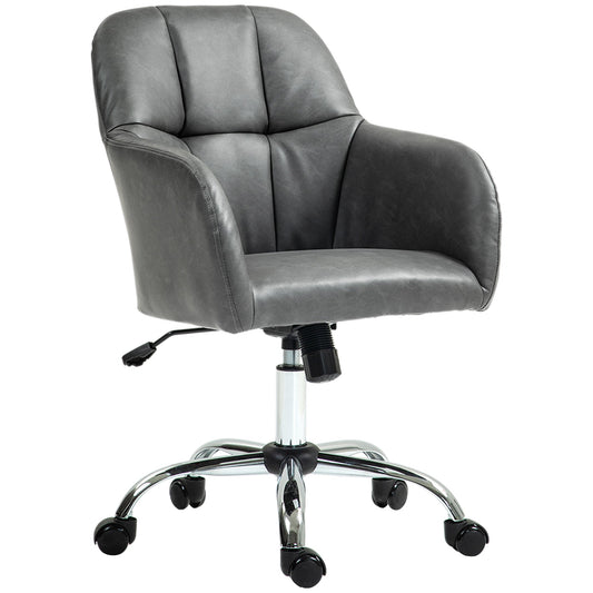 HOMCOM Computer Desk Chair, PU Leather Swivel Office Chair, Makeup Vanity Chair with Height Adjustable, Wheels, for Home Study Bedroom, Grey