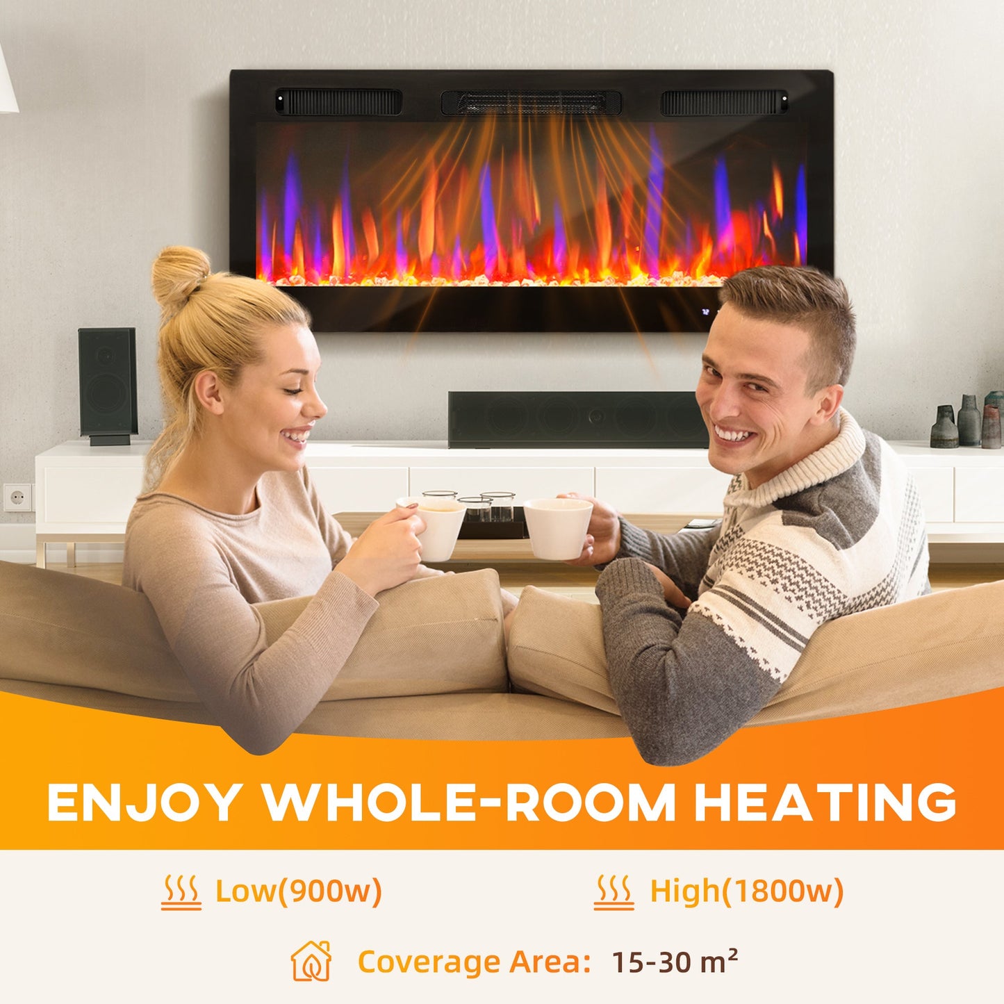 107cm/42" Electric Fireplace, Ultra-Slim Wall Mounted and Recessed Electric Fire Heater with Adjustable Flame and Thermostat, Eco Mode, Auto Switch, Weekly and 24H Timer, Remote, 900W/1800W