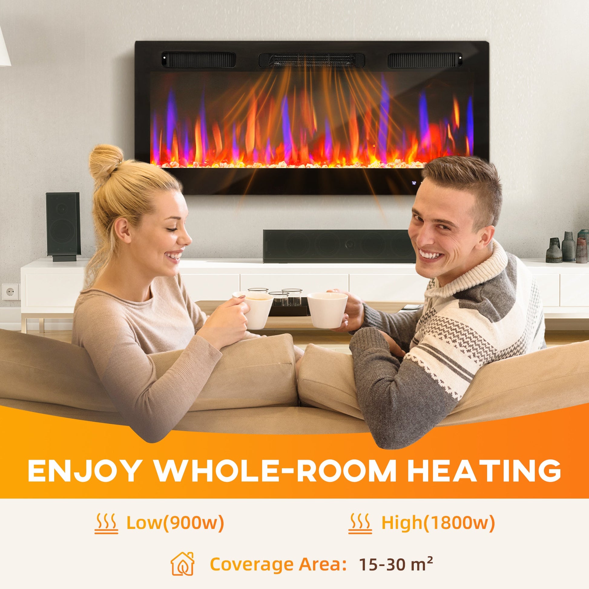 107cm/42" Electric Fireplace, Ultra-Slim Wall Mounted and Recessed Electric Fire Heater with Adjustable Flame and Thermostat, Eco Mode, Auto Switch, Weekly and 24H Timer, Remote, 900W/1800W