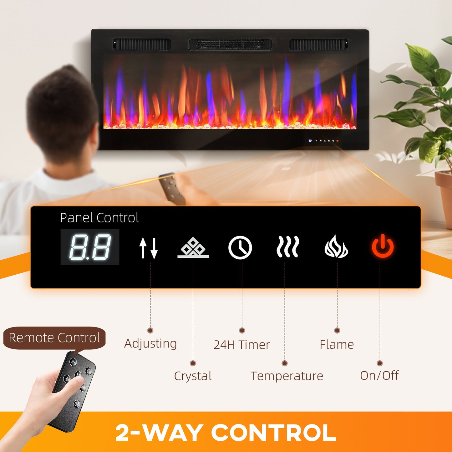 107cm/42" Electric Fireplace, Ultra-Slim Wall Mounted and Recessed Electric Fire Heater with Adjustable Flame and Thermostat, Eco Mode, Auto Switch, Weekly and 24H Timer, Remote, 900W/1800W