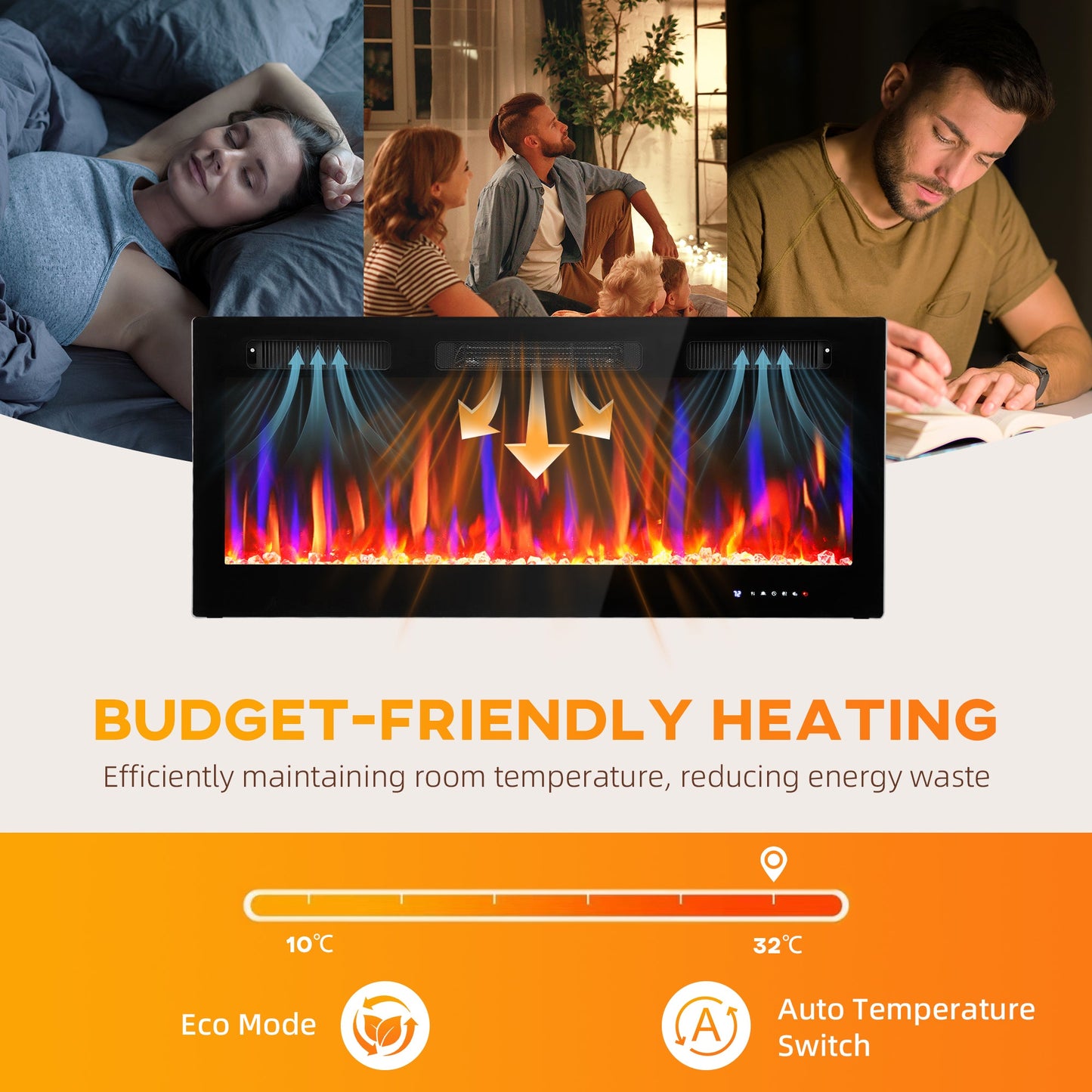 107cm/42" Electric Fireplace, Ultra-Slim Wall Mounted and Recessed Electric Fire Heater with Adjustable Flame and Thermostat, Eco Mode, Auto Switch, Weekly and 24H Timer, Remote, 900W/1800W