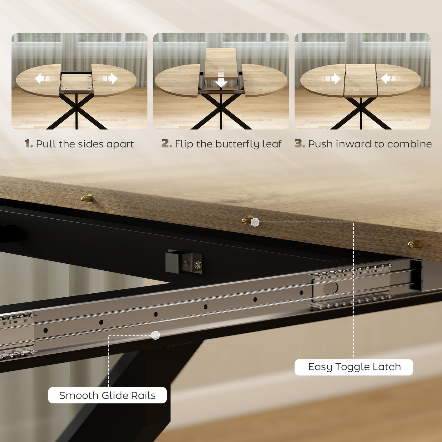 Extendable Dining Table for 4-6, 100-135 cm Kitchen Dinner Table with Butterfly Leaf and X-Shape Base, Space-Saving, Round to Oval for Home, Living Room, Natural Wood