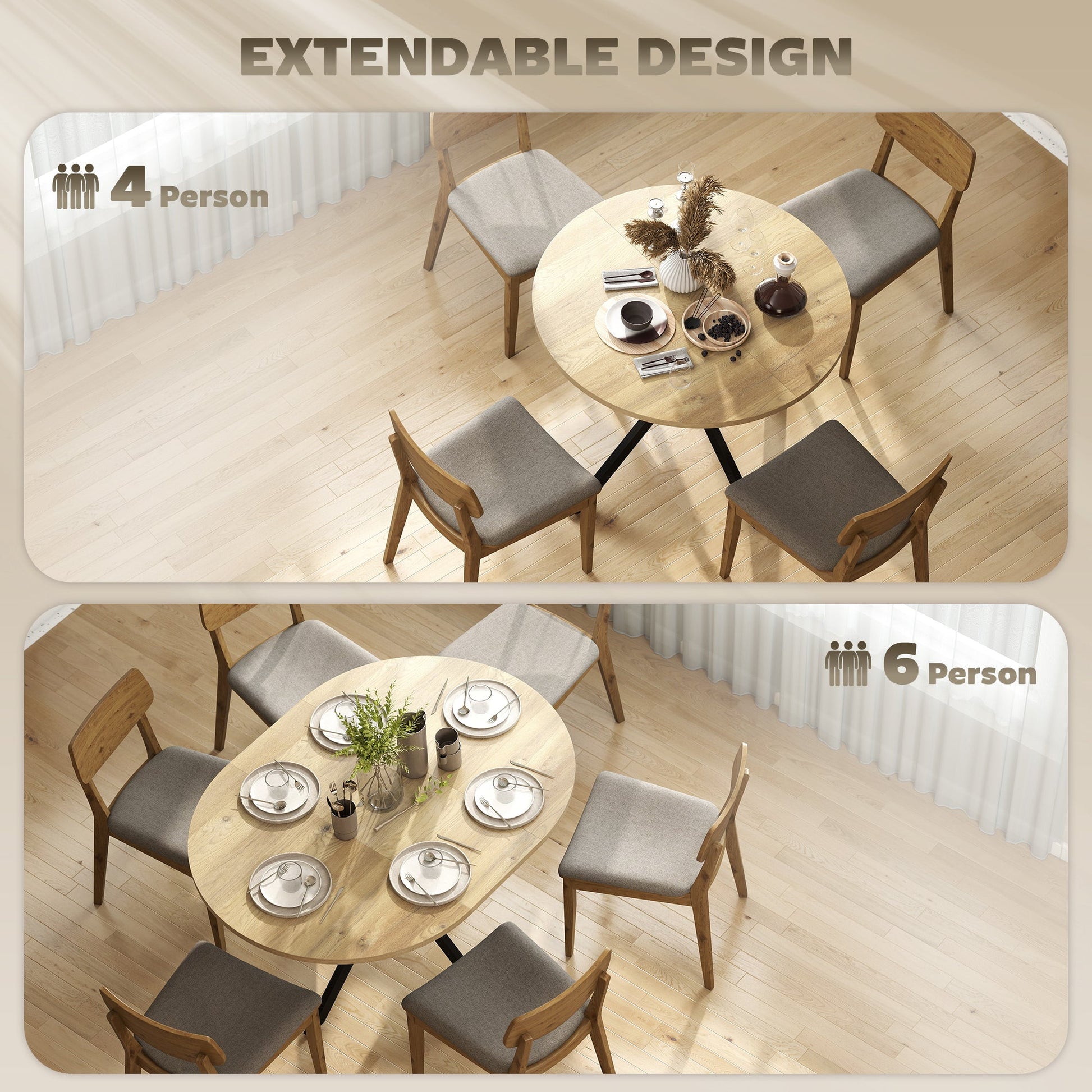 Extendable Dining Table for 4-6, 100-135 cm Kitchen Dinner Table with Butterfly Leaf and X-Shape Base, Space-Saving, Round to Oval for Home, Living Room, Natural Wood