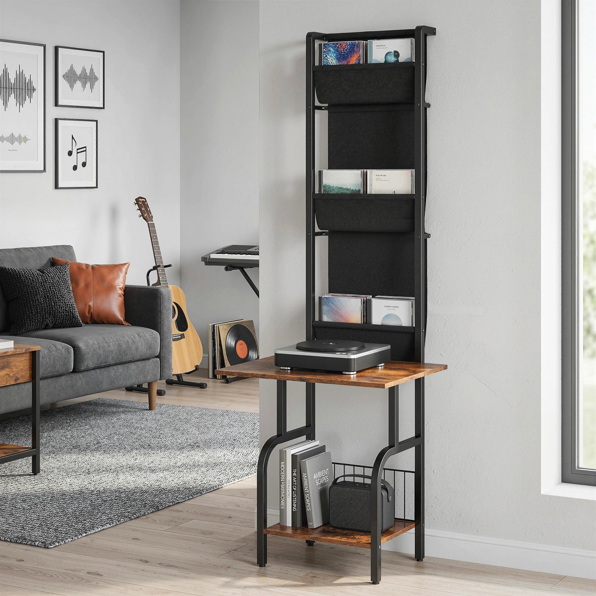 Vinyl Record Storage with Player Stand, Turntable Stand and Display Shelf, CD Storage Unit for Up to 40 CDs, Record Player Table for Living Room or Bedroom, Rustic Brown and Black