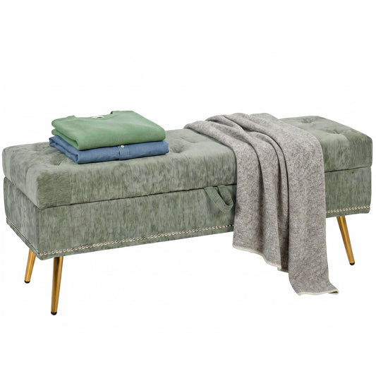 Storage Ottoman, Chenille Upholstered Ottoman Storage Box with Padded Seat, End of Bed Bench with Metal Legs for Bedroom, Hallway, Living Room, 114 x 41 x 45 cm, Light Green