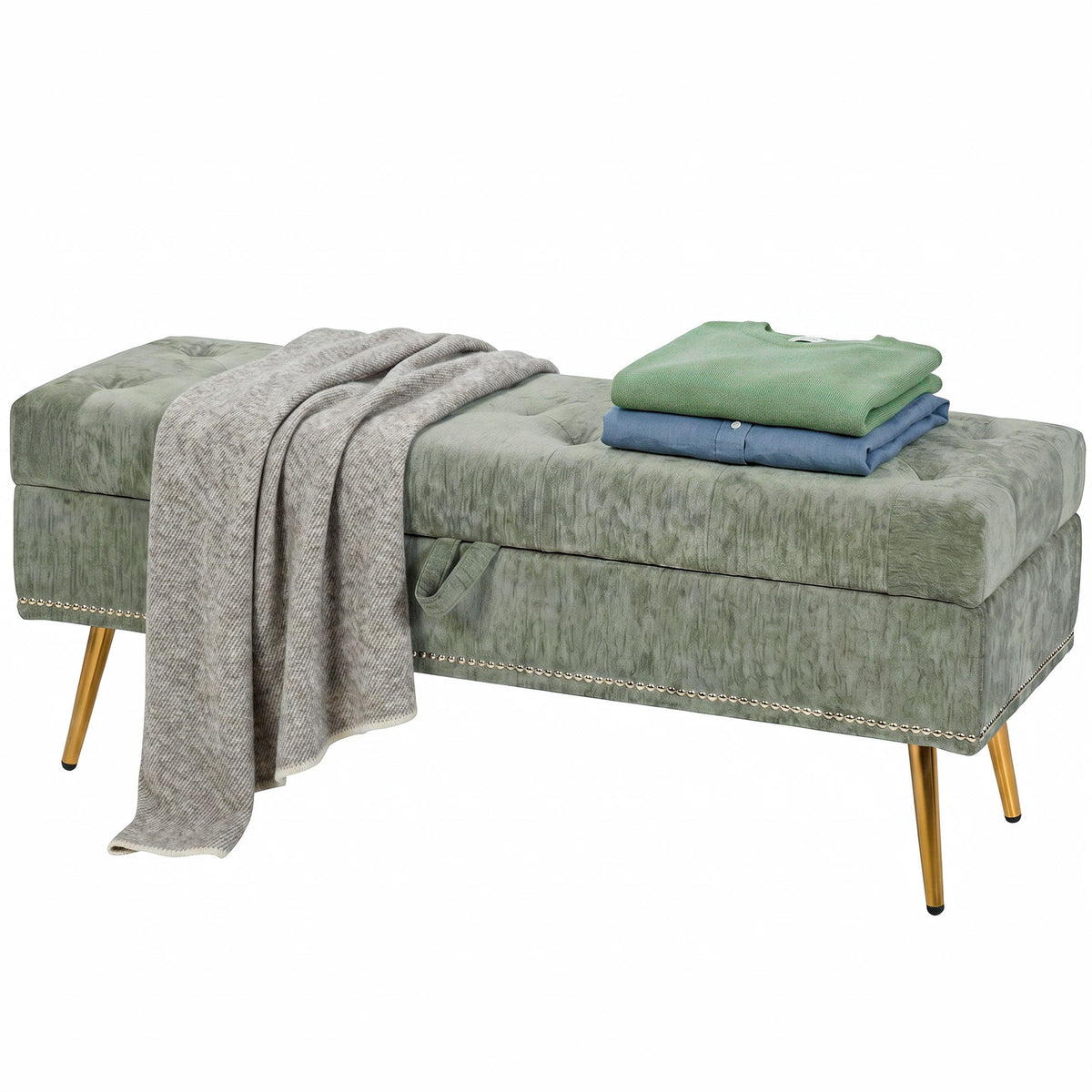 Storage Ottoman, Chenille Upholstered Ottoman Storage Box with Padded Seat, End of Bed Bench with Metal Legs for Bedroom, Hallway, Living Room, 114 x 41 x 45 cm, Light Green