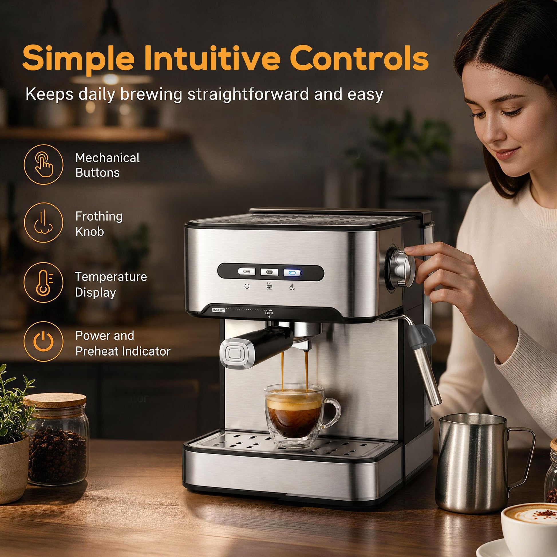 Espresso Machine with Milk Frother Wand, 1.6 L Water Tank, 850W Semi Automatic 20 Bar Coffee Machine, Latte and Cappuccino Maker with Double Shot, Hot Water, Cup Warming, Black and Silver