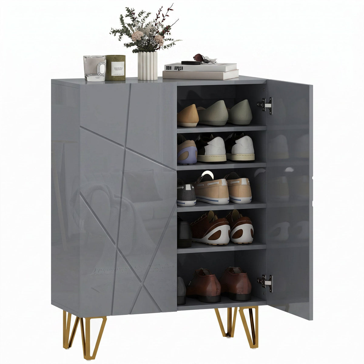 Narrow Shoe Cabinet, Slim Shoe Storage Cabinet with Soft-Close Hinges and Adjustable Shelves for 15-20 Pairs of Shoes, Grey