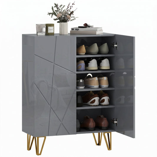 Narrow Shoe Cabinet, Slim Shoe Storage Cabinet with Soft-Close Hinges and Adjustable Shelves for 15-20 Pairs of Shoes, Grey