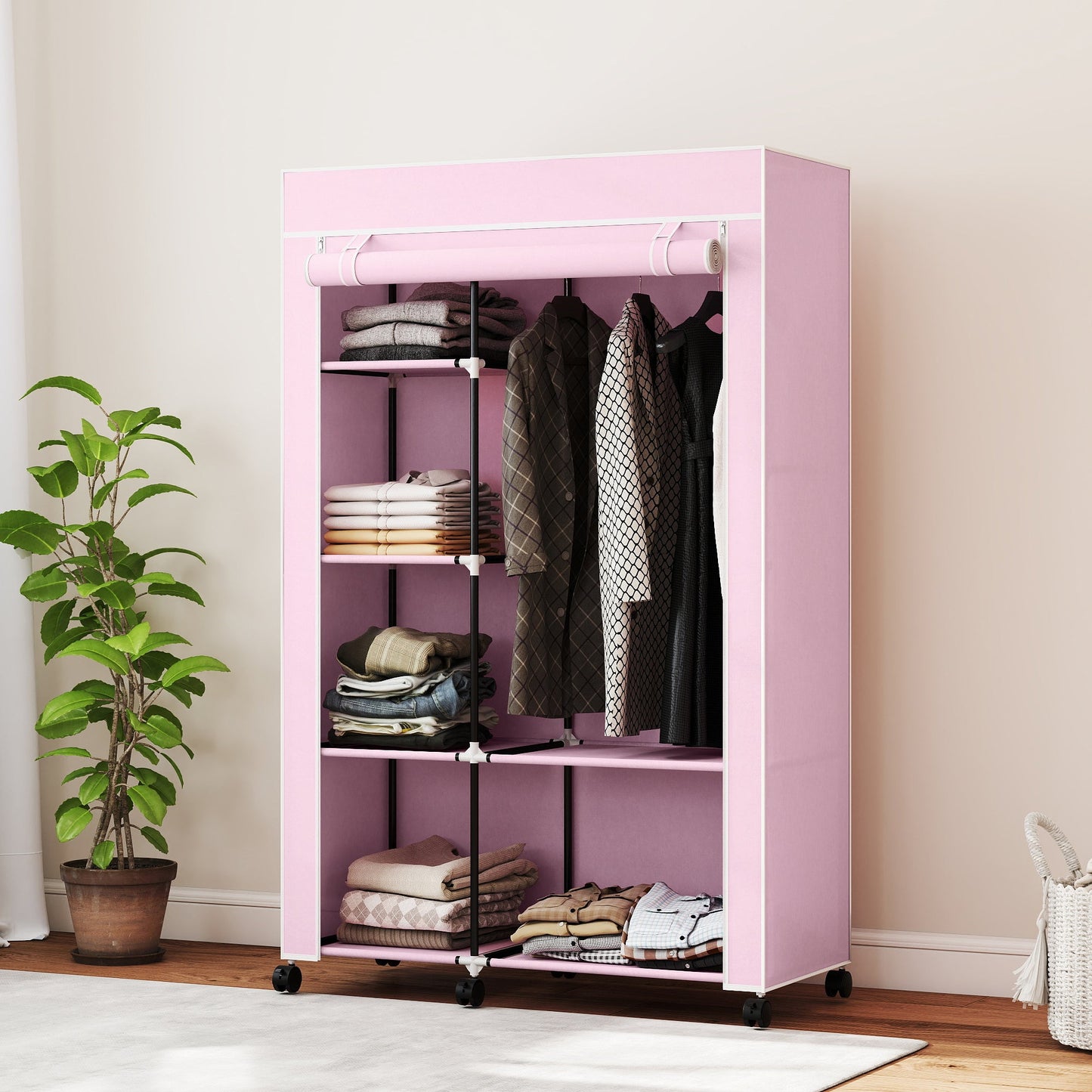 Fabric Wardrobe, Mobile Portable Wardrobe with 6 Shelves, 1 Hanging Rail, Foldable Closets, 103 x 43 x 162.5 cm, Pink