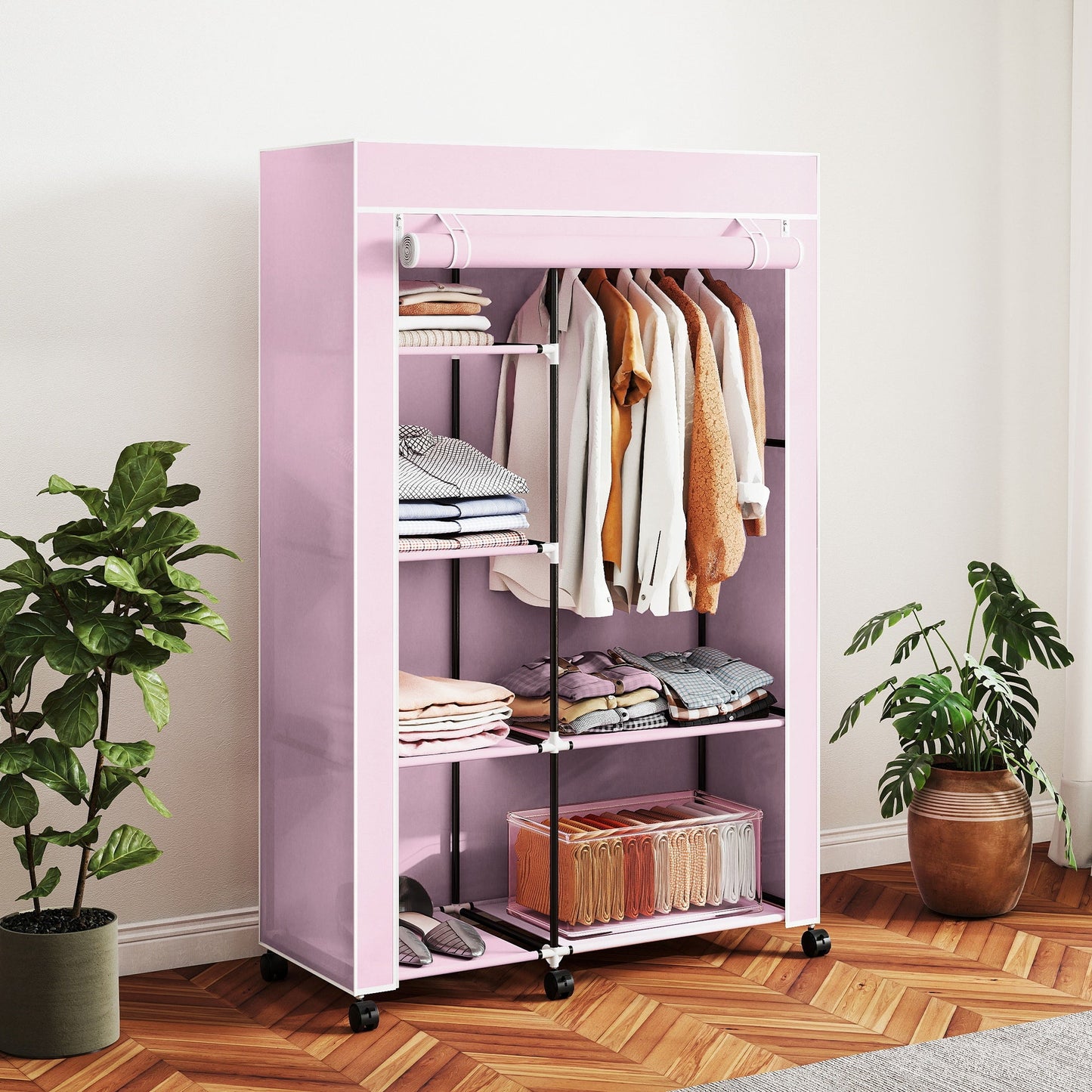 Fabric Wardrobe, Mobile Portable Wardrobe with 6 Shelves, 1 Hanging Rail, Foldable Closets, 103 x 43 x 162.5 cm, Pink