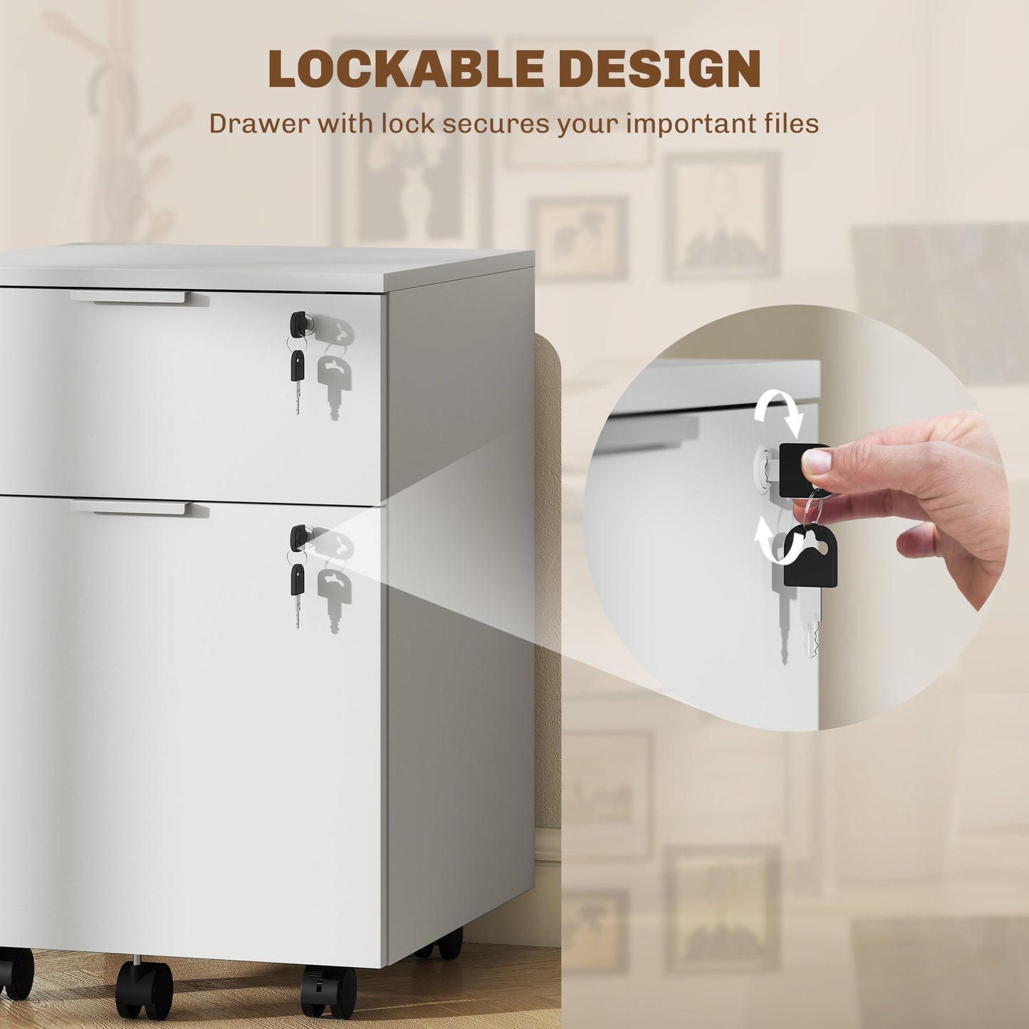 Mobile File Cabinet with Wheels and Lock, 2 Drawer Under Desk Office Cabinet, Adjustable A4 and Letter Hanging Bars, White