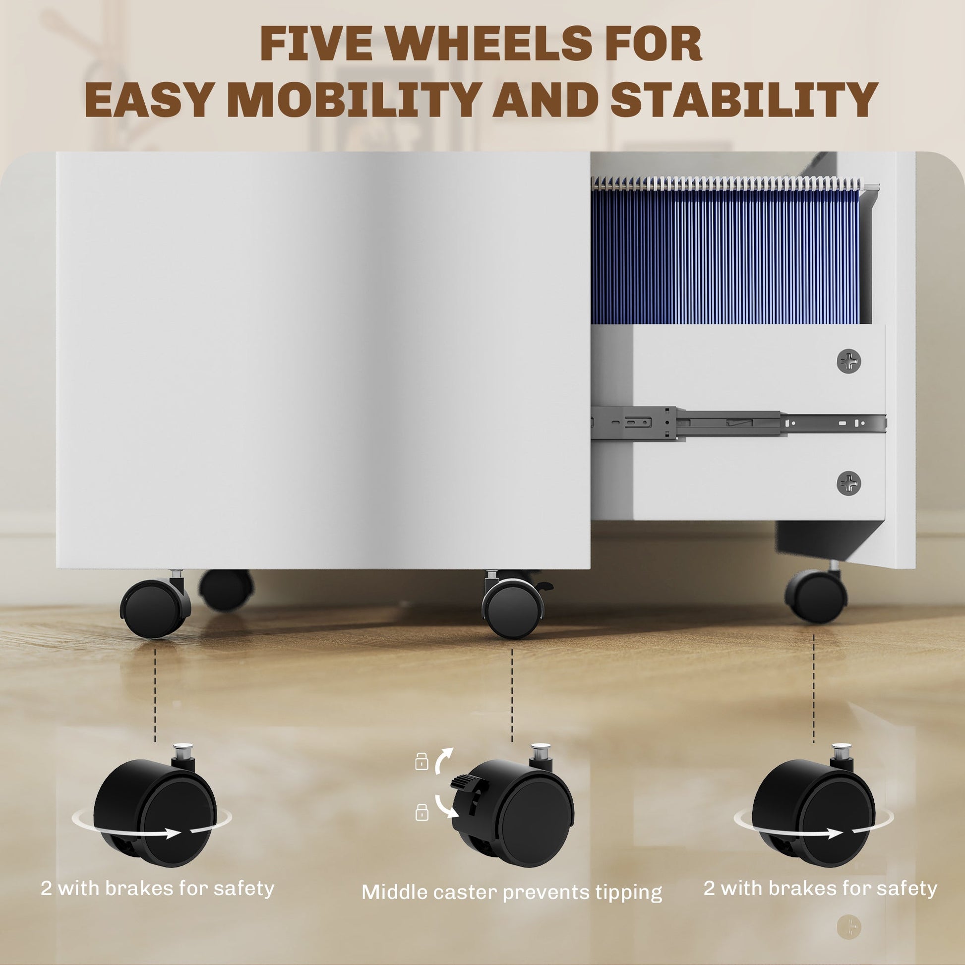 Mobile File Cabinet with Wheels and Lock, 2 Drawer Under Desk Office Cabinet, Adjustable A4 and Letter Hanging Bars, White