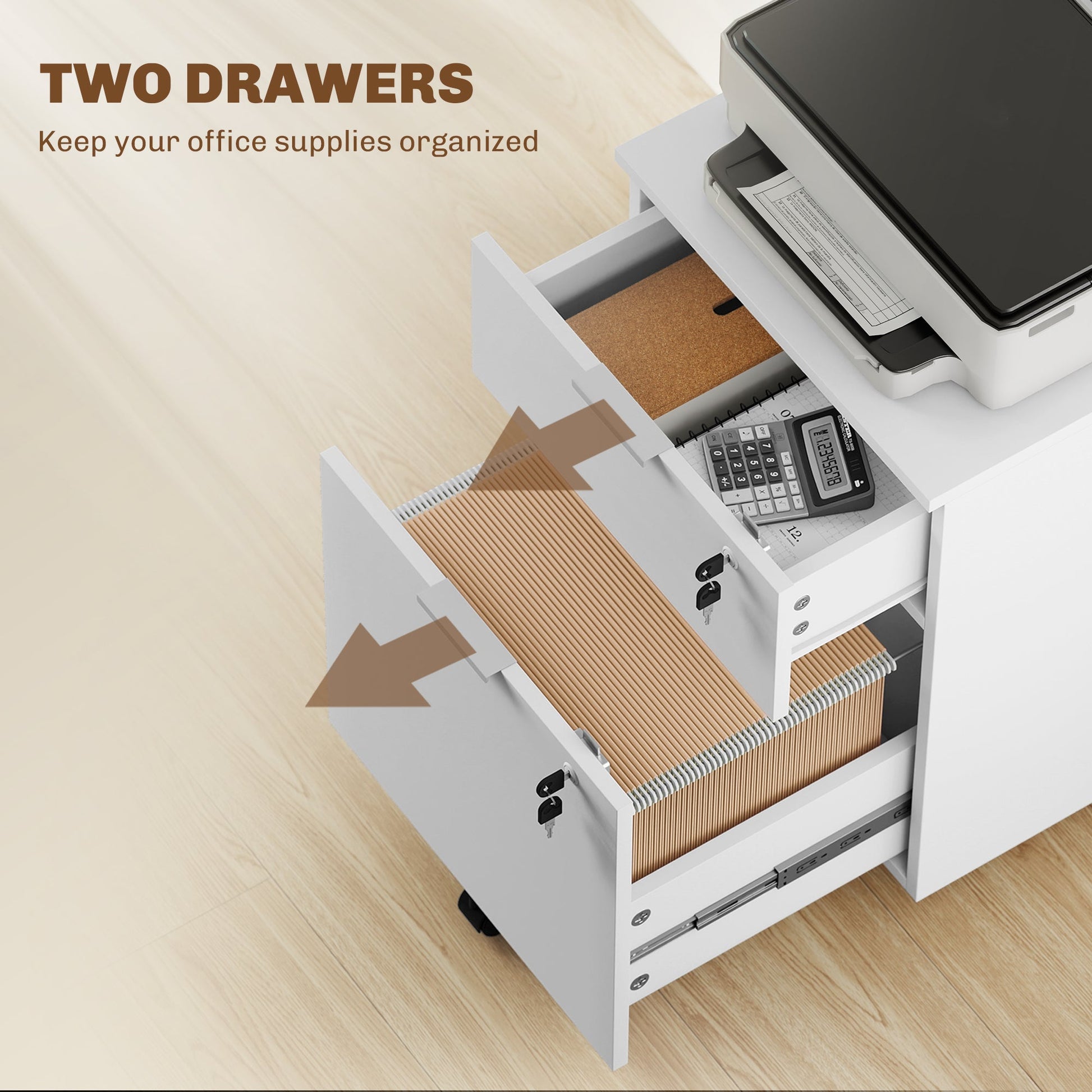 Mobile File Cabinet with Wheels and Lock, 2 Drawer Under Desk Office Cabinet, Adjustable A4 and Letter Hanging Bars, White