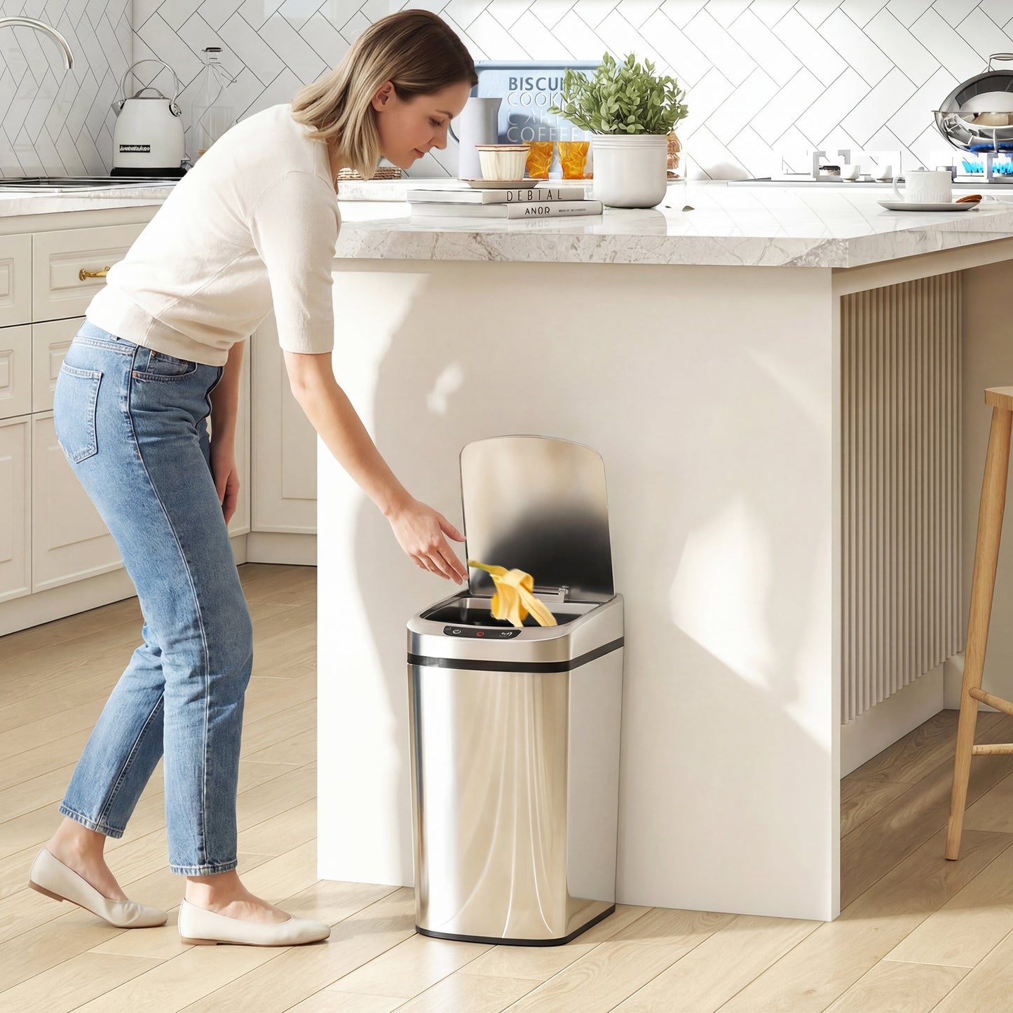 12L Sensor Bin, Automatic Touchless Motion Sensor Kitchen Bin, Compact Trash Can with Fingerprint Resistant Stainless Steel for Hygienic Gyms, Home Office Use, Silver Tone