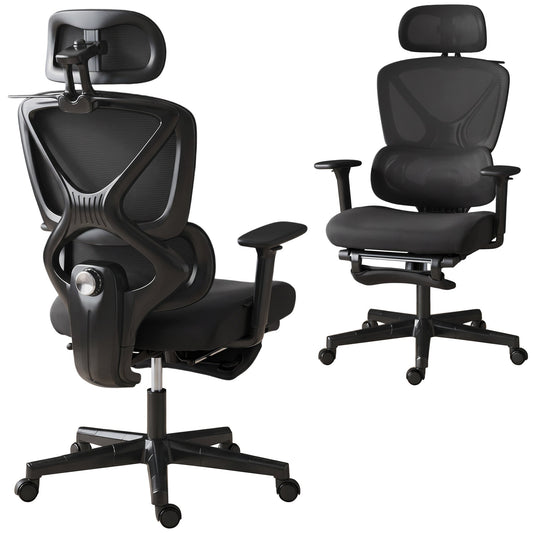 Ergonomic Office Chair, Mesh Desk Chair with 3D Armrests, Rotatable Headrest, Adjustable Lumbar Support, Coat Hanger, Recliner Computer Swivel Chair with Footrest for Home Office, Black