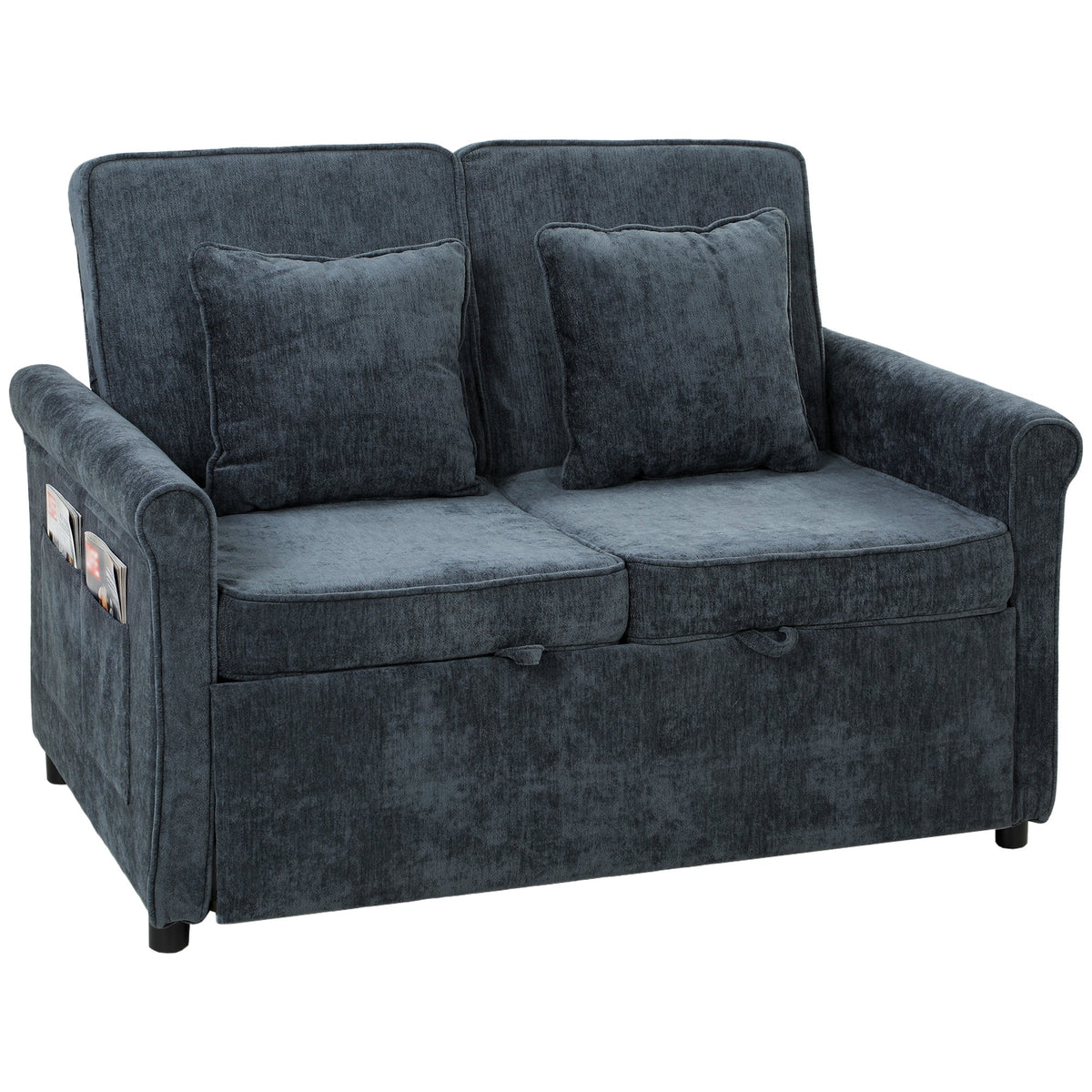 2 Seater Sofa Bed, 3-in-1 Convertible Pull Out Double Sleeper Sofa 190 x 130 cm, 5-Position Adjustable Backrest, Chenille Loveseat Bed Settee for Living Room, Bedroom, Guest Room, Dark Blue
