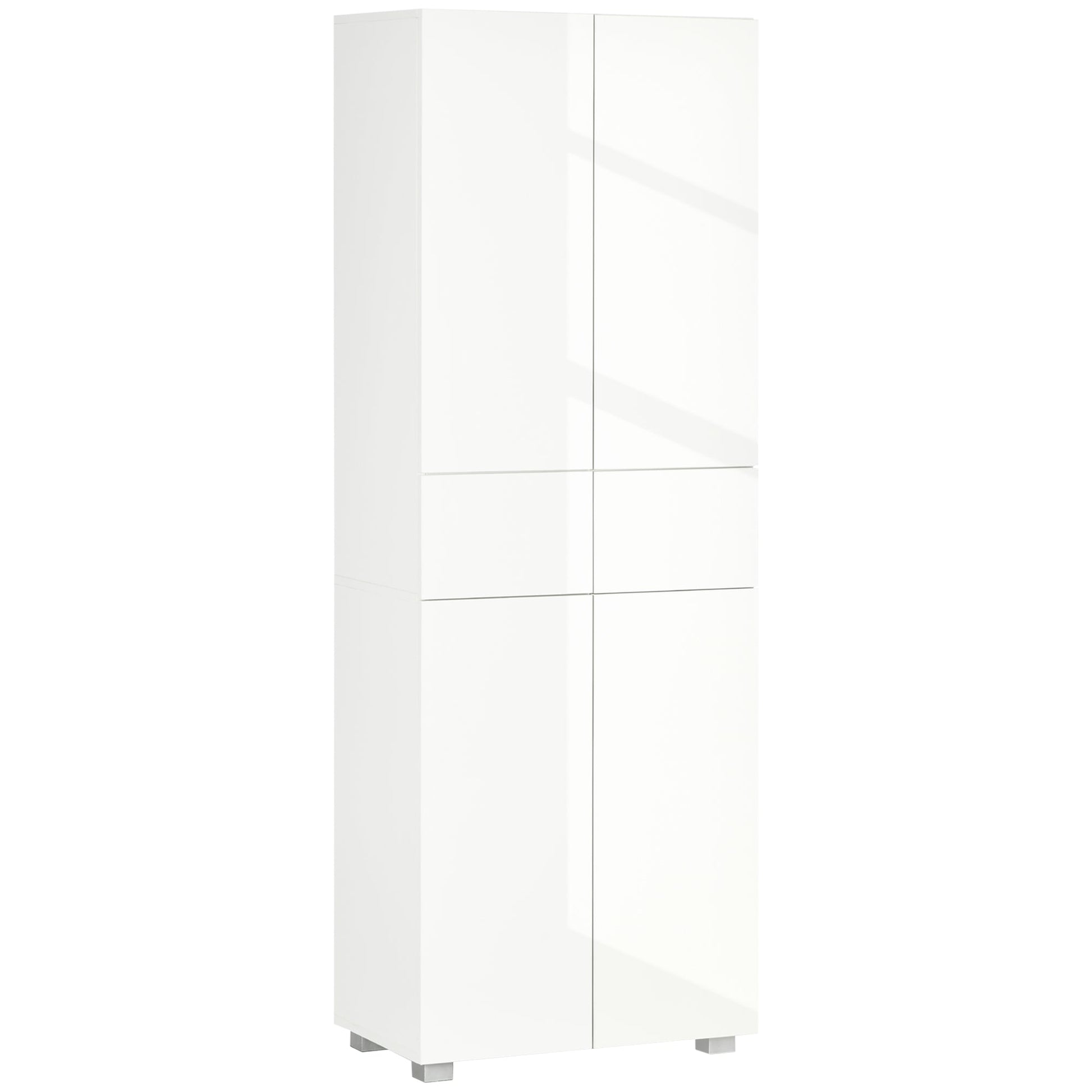 4-Door Kitchen Cupboard, Tall Freestanding 5-Tier Storage Cabinet with 3 Adjustable Shelves, 2 Drawers for Living Room, Dining Room, Push to Open Design, High Gloss White