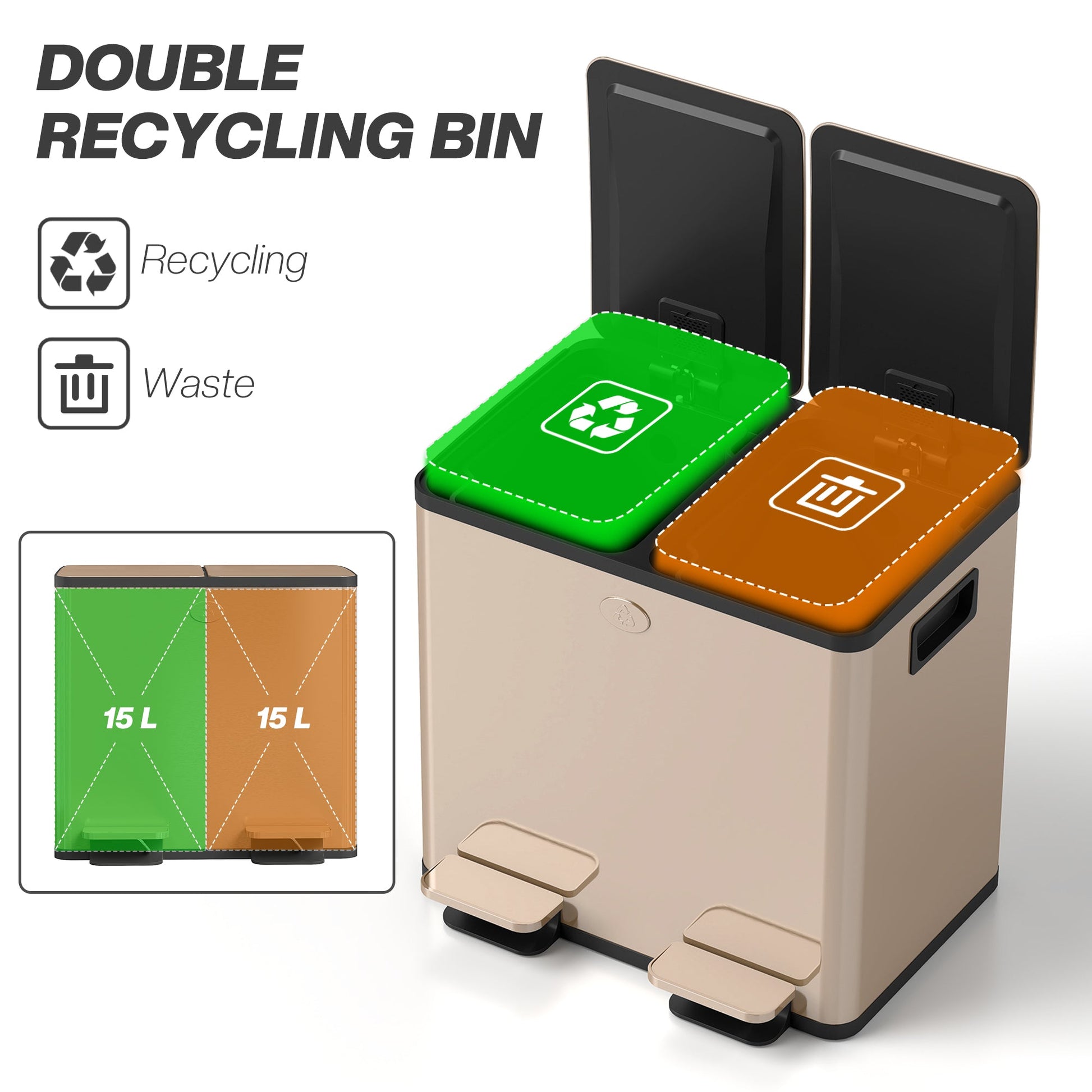 Dual Kitchen Bin, 2 x 15L Stainless Steel Double Rubbish Bin with Soft Close Lid, Removable Inner Buckets, Fingerprint-Proof for Recycling and Waste, Gold Tone