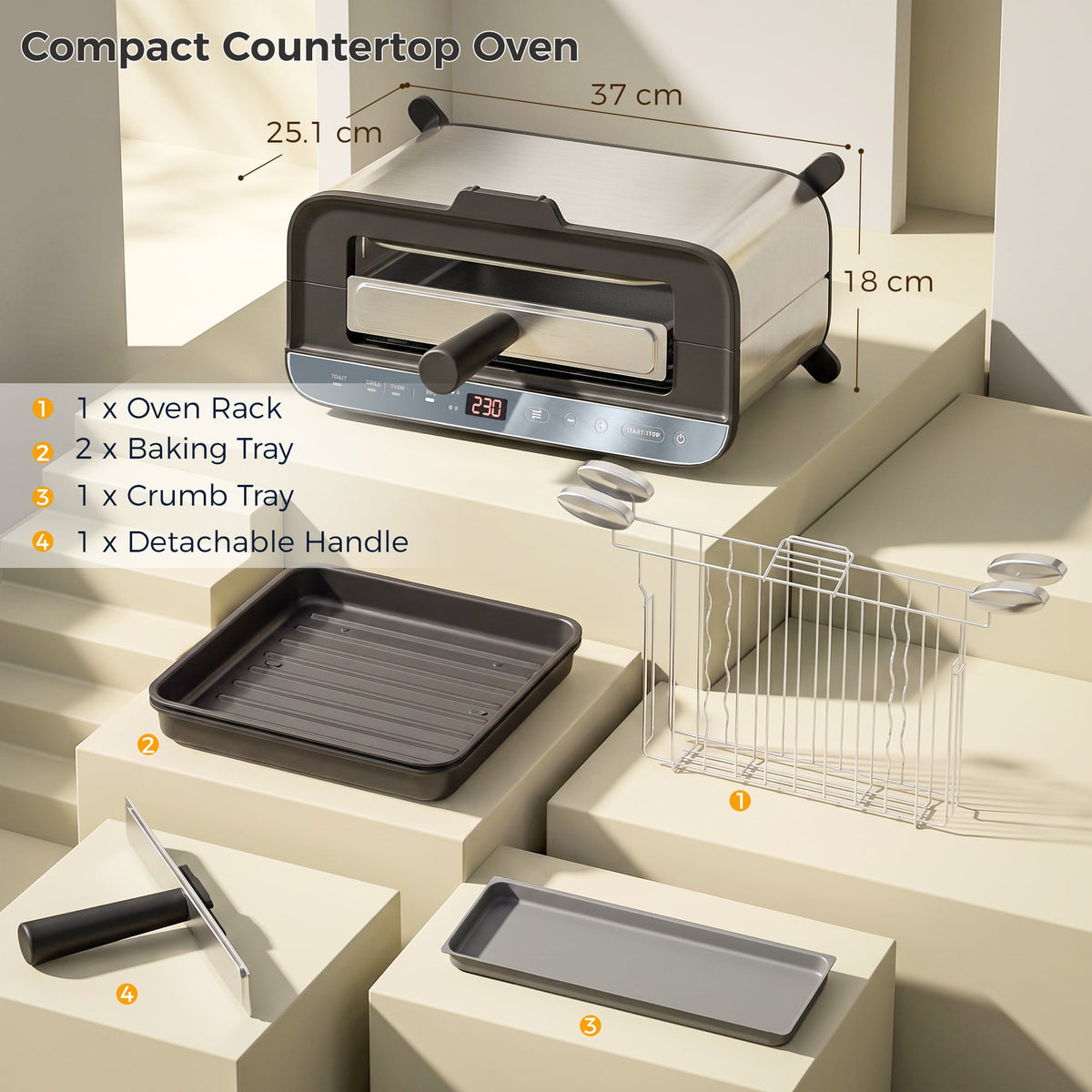 3-in-1 Electric Mini Oven, Long Slot Toaster and Tabletop Grill, 4.9L Countertop Multi-Function Oven with LED Display, 60 Min Timer, Baking Tray, Wire Rack & Crumb Tray, Stainless Steel, 1700W