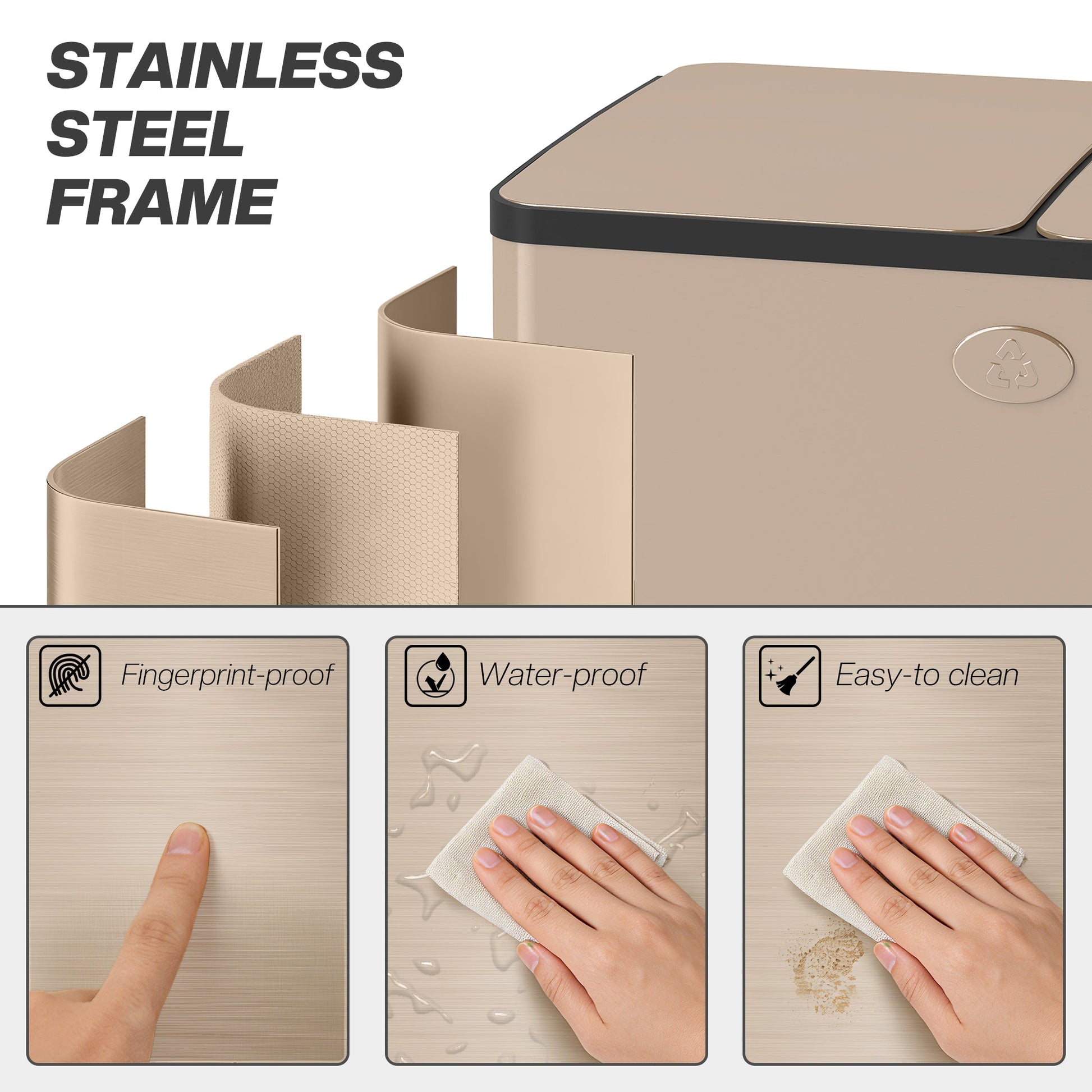 Dual Kitchen Bin, 2 x 28L Stainless Steel Double Rubbish Bin with Soft Close Lid, Removable Inner Buckets, Fingerprint-Proof for Recycling and Waste, Gold Tone