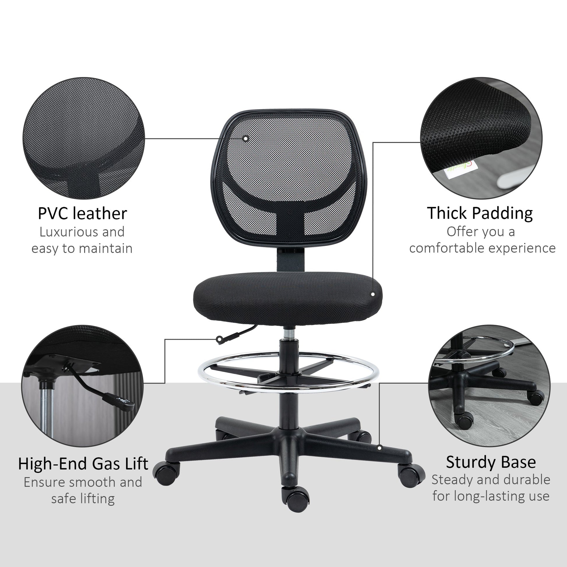 Vinsetto Drafting Chair, Standing Desk Chair, Painting Chair with Adjustable Height, Footrest Ring, Black