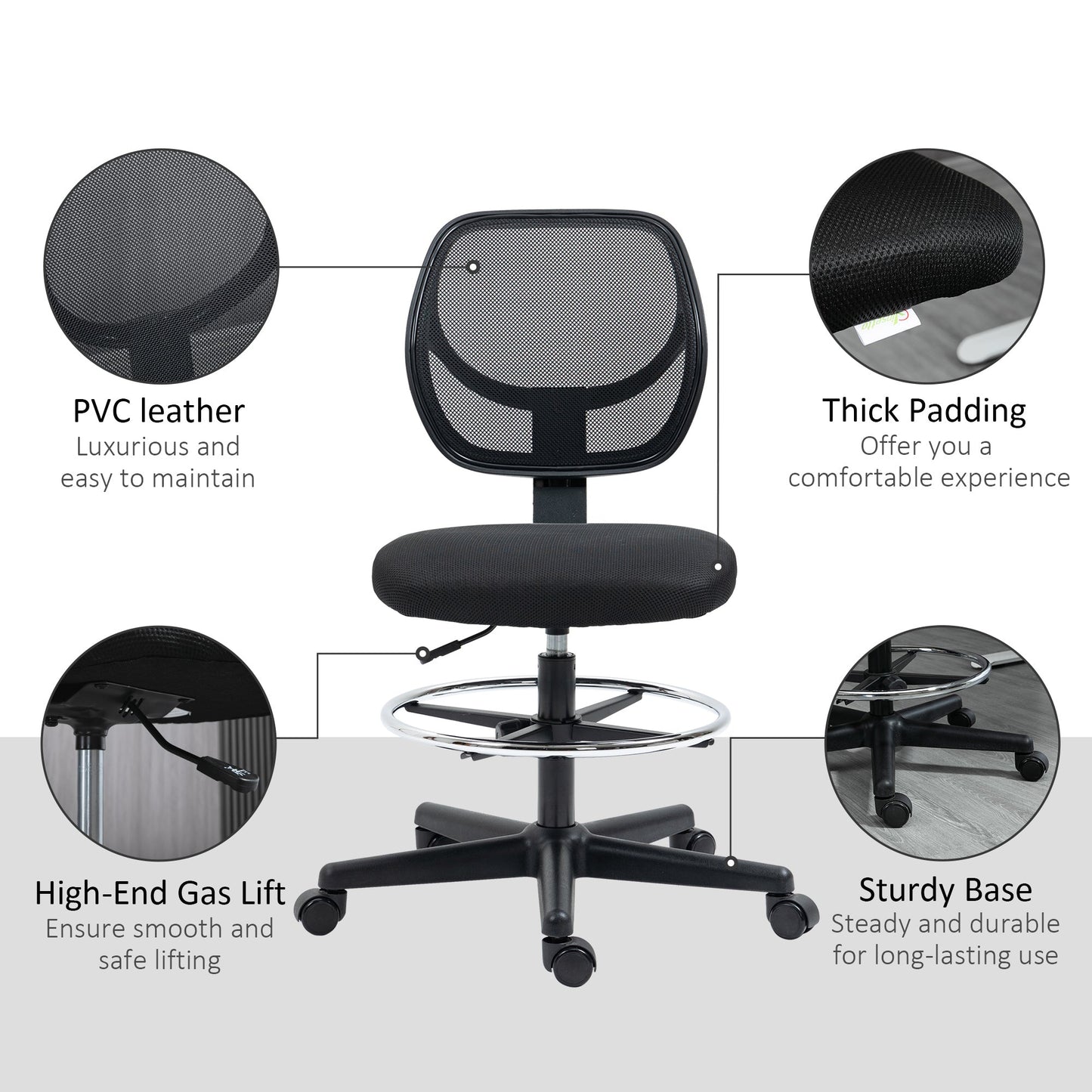 Vinsetto Drafting Chair, Standing Desk Chair, Painting Chair with Adjustable Height, Footrest Ring, Black