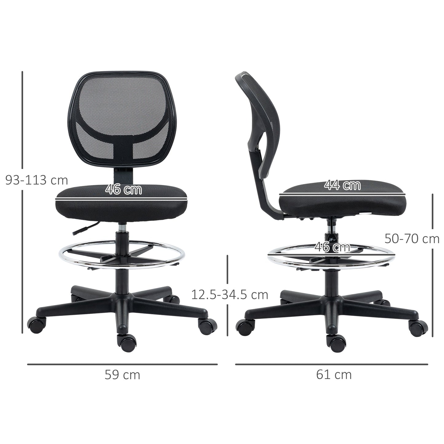 Vinsetto Drafting Chair, Standing Desk Chair, Painting Chair with Adjustable Height, Footrest Ring, Black