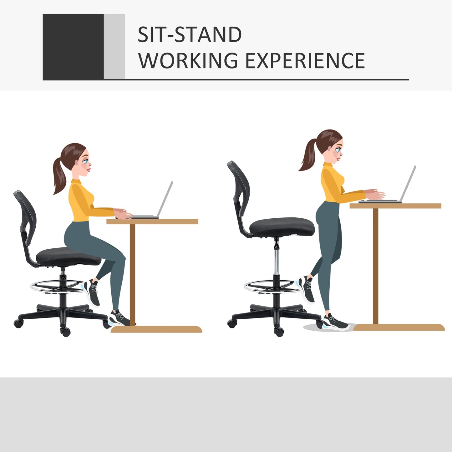 Vinsetto Drafting Chair, Standing Desk Chair, Painting Chair with Adjustable Height, Footrest Ring, Black
