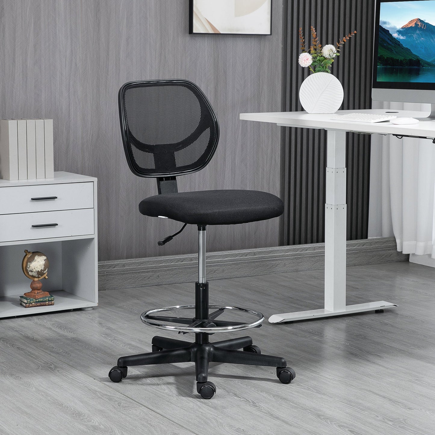 Vinsetto Drafting Chair, Standing Desk Chair, Painting Chair with Adjustable Height, Footrest Ring, Black