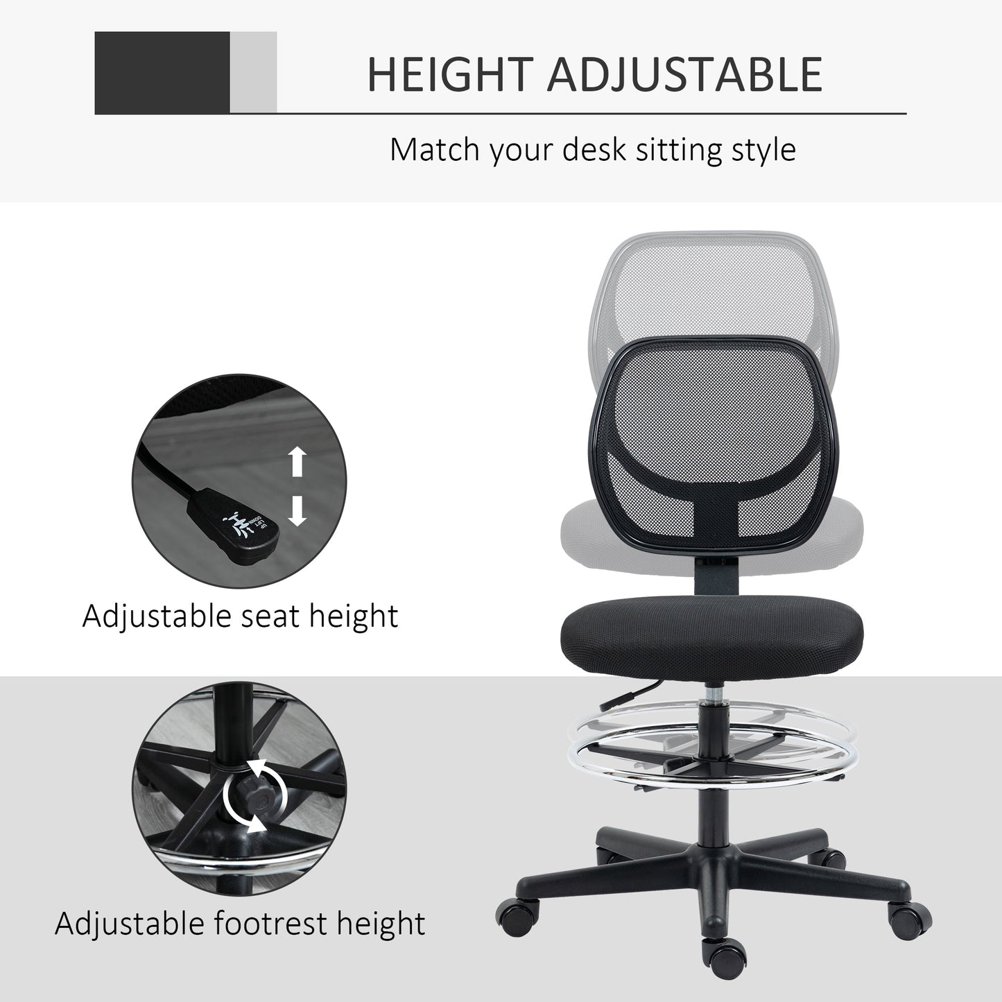 Vinsetto Drafting Chair, Standing Desk Chair, Painting Chair with Adjustable Height, Footrest Ring, Black